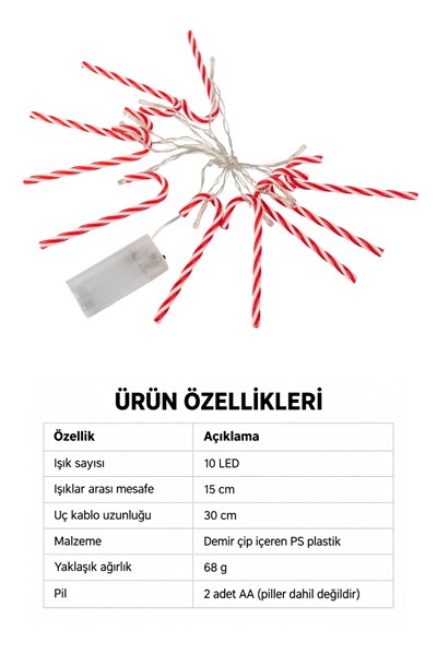 Yılbaşı Dekoratif Led Işık Pilli XL Şeker Kamışı