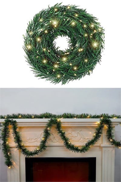 Yılbaşı Dekoratif Peri Led Yeşil Garland Çam Ağacı Dalı Sarmal Tel Işıklı Süs Seti
