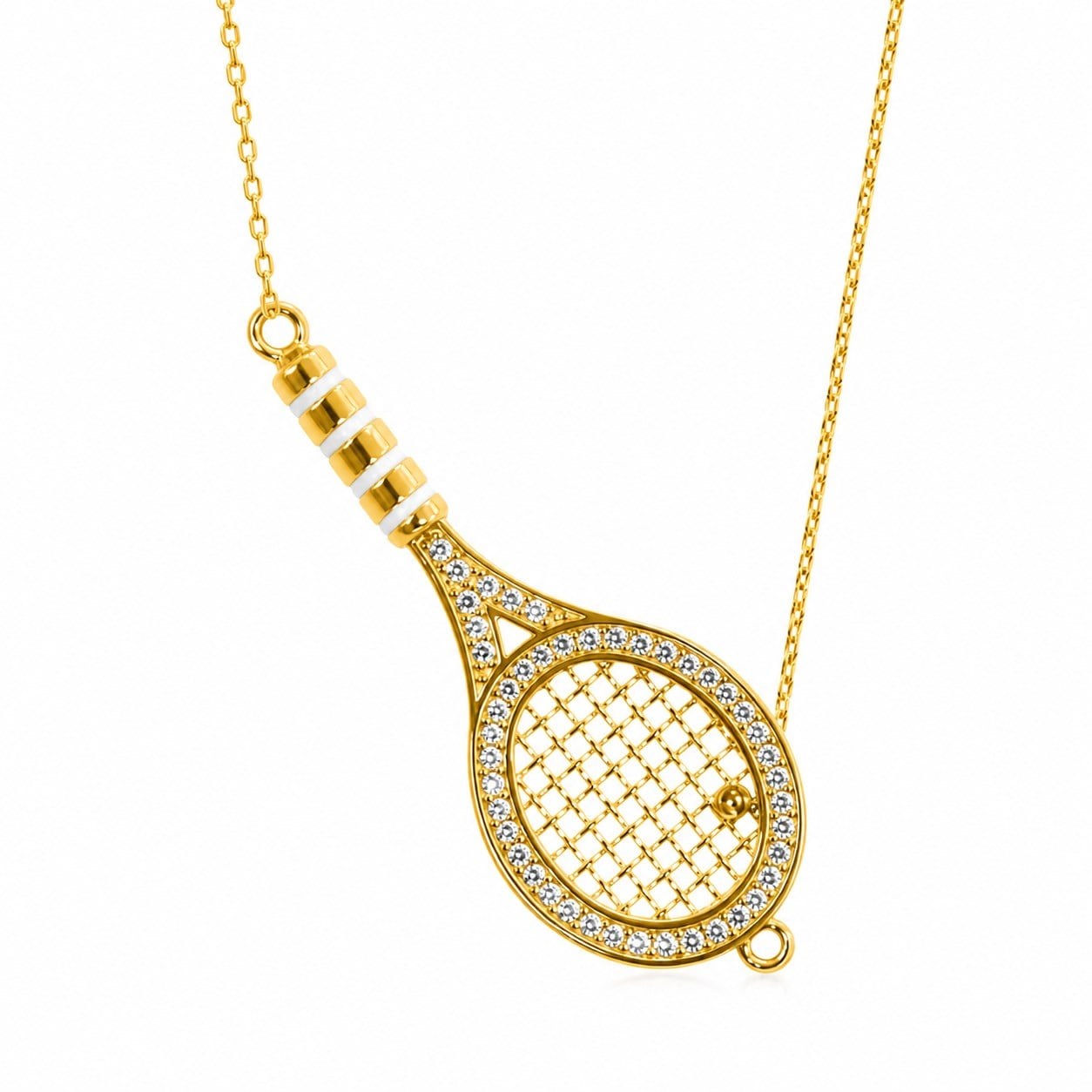 14 K Gold Kaplama 925 Ayar Gümüş Tenis Raket Tasarımlı Taşlı Büyük Boy Kolye