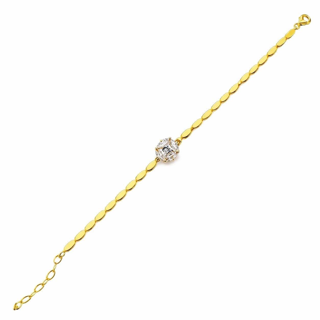 14 K Kaplama Kadın Gümüş 925 Ayar Markiz Taş Tasarımlı 16+3 Cm Zincirli Bileklik