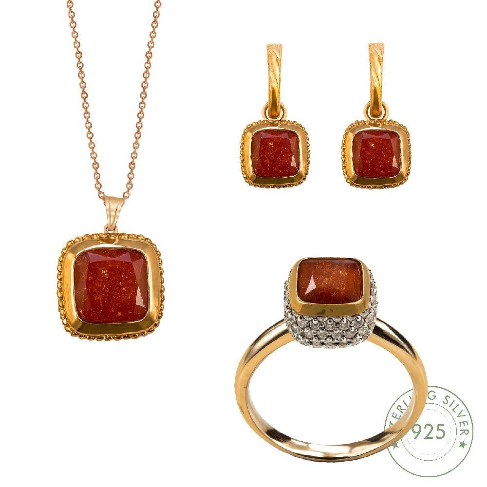 Kadın Gümüş 925 Ayar Kırmızı Quartz Taşlı Set