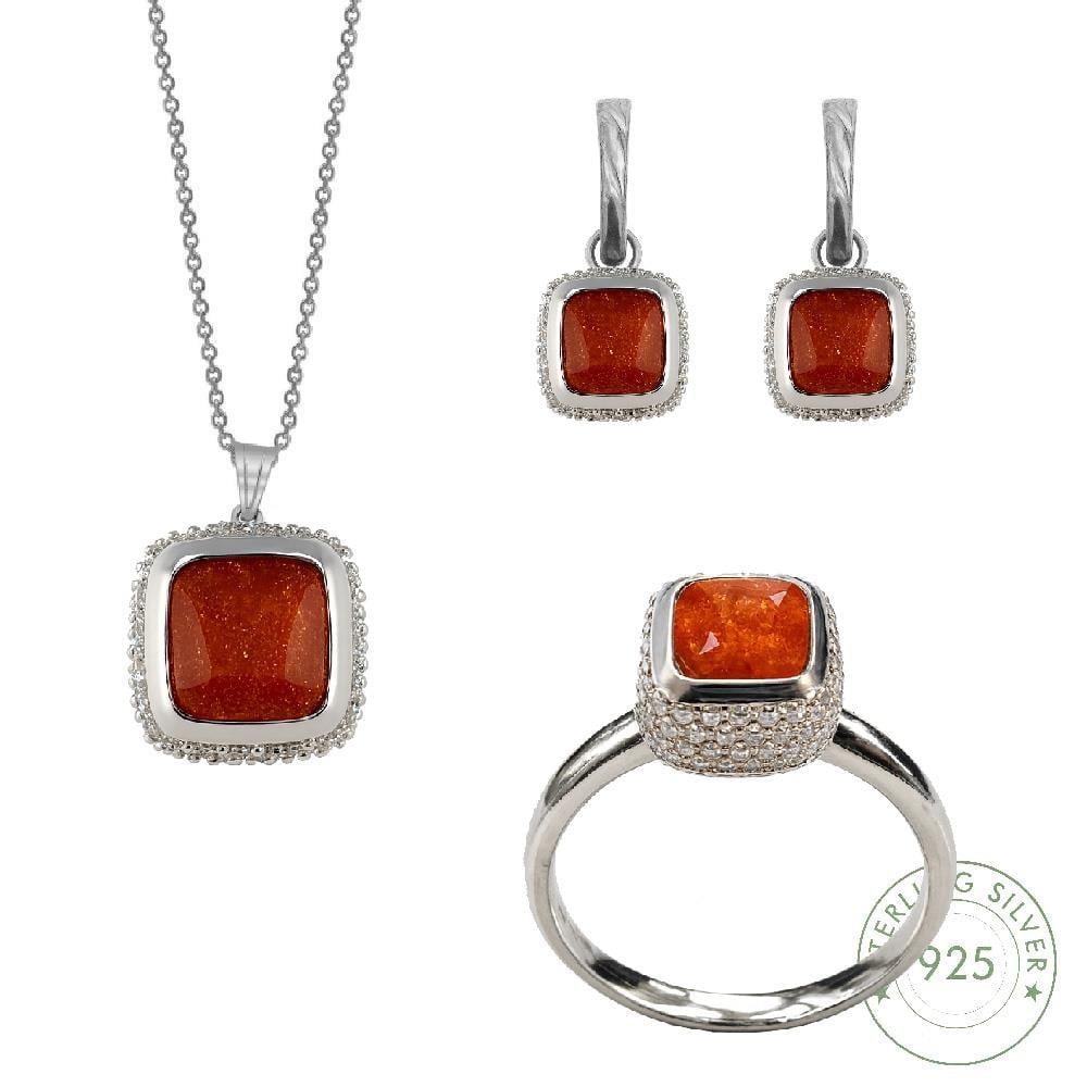 Kadın Gümüş 925 Ayar Kırmızı Quartz Taşlı Set 17 Numara