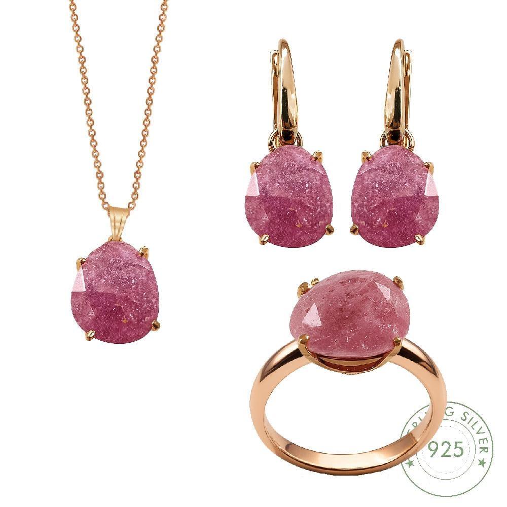 Kadın Gümüş 925 Ayar Pembe Quartz Taşlı Set 17 Numara