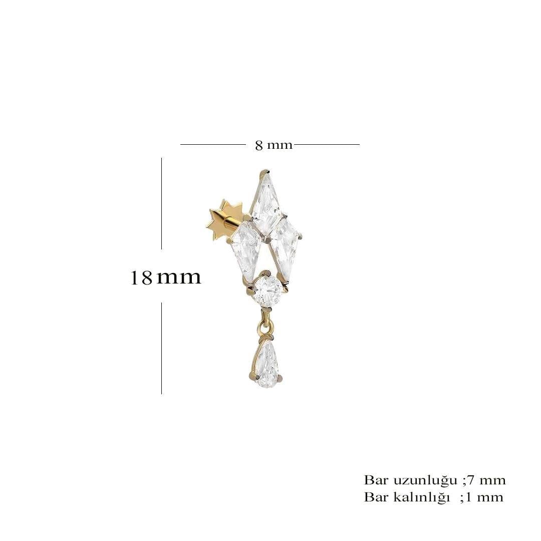Unisex 925 Ayar Gümüş Tabut Taş Tasarımlı Damla Taş Sallantılı Tragus