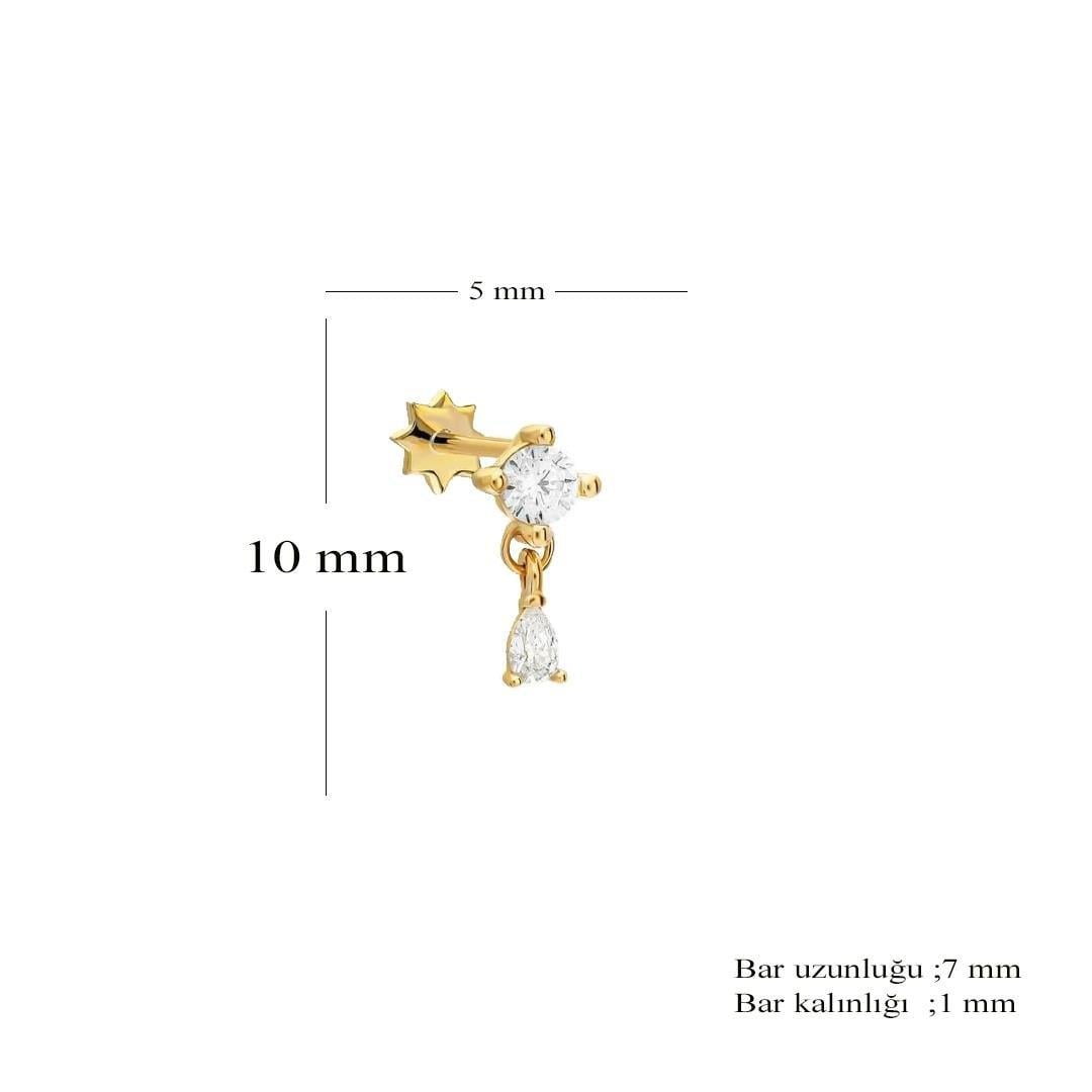 Unisex 925 Ayar Gümüş Tek Taş Tasarımlı Damla Sallantılı Tragus