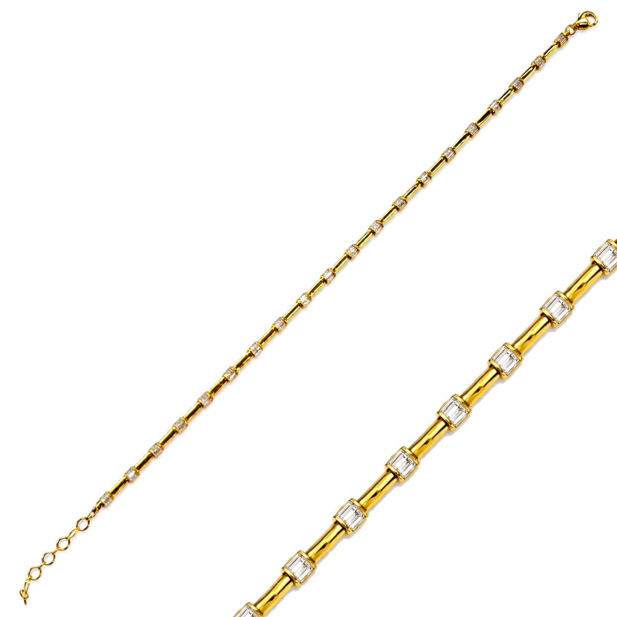 14 K Kaplama Kadın Gümüş 925 Ayar Baget Taş Tasarımlı 16+3 Cm Zincirli Bileklik