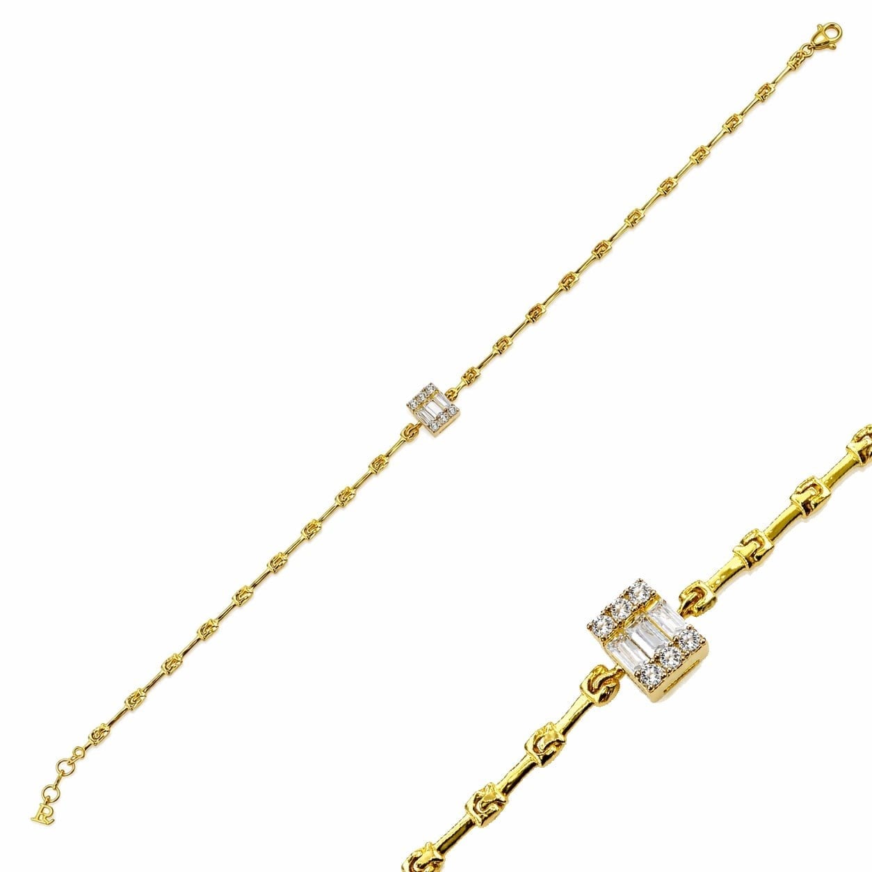 14 K Kaplama Kadın Gümüş 925 Ayar Baget Taş Tasarımlı 16+3 Cm Zincirli Bileklik