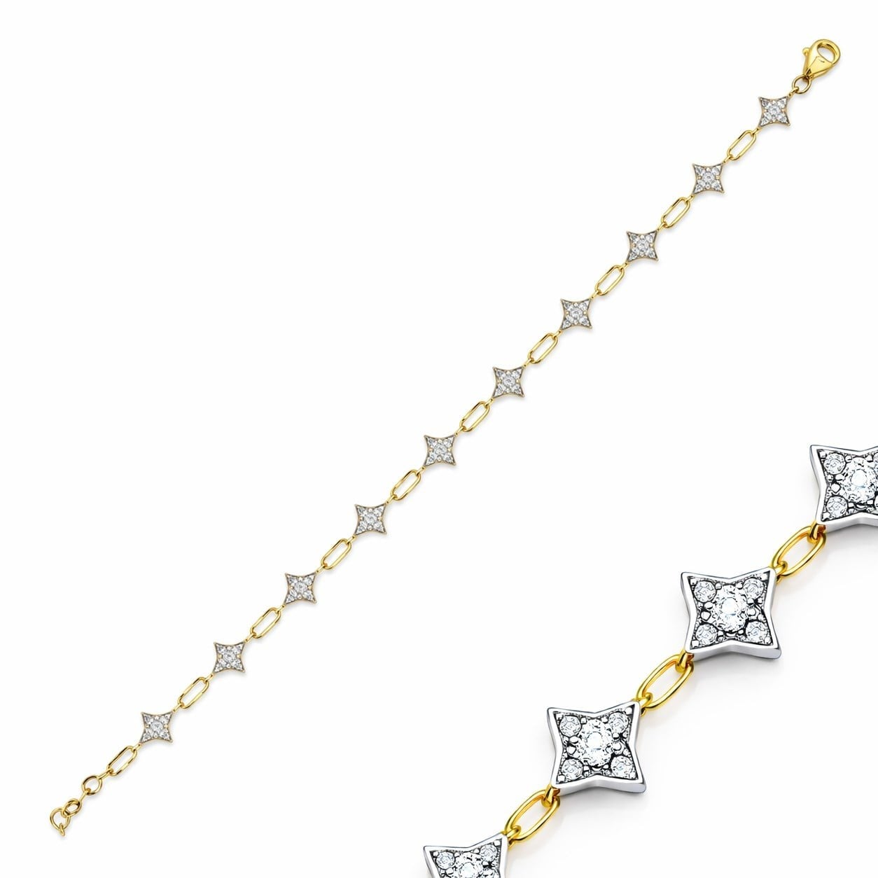14 K Kaplama Kadın Gümüş 925 Ayar YıldızTaş Tasarımlı 16+3 Cm Zincirli Bileklik