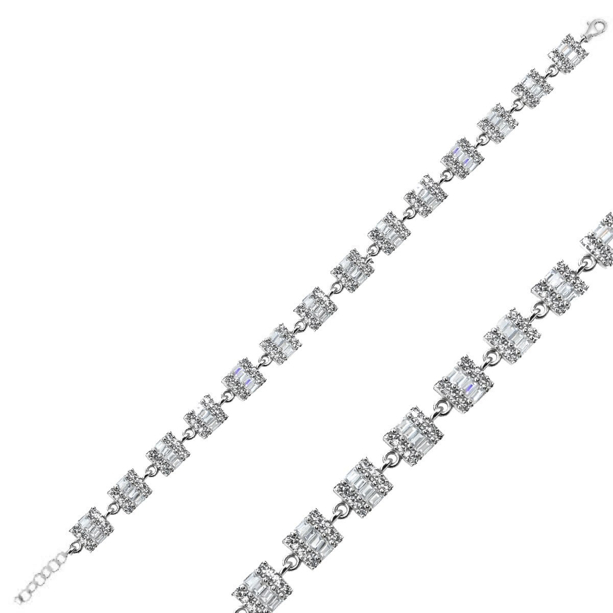 14 K Rodyum Kaplama 925 Ayar Gümüş Baget Taş Tasarımlı Suyolu Bileklilk 16,5+3 cm