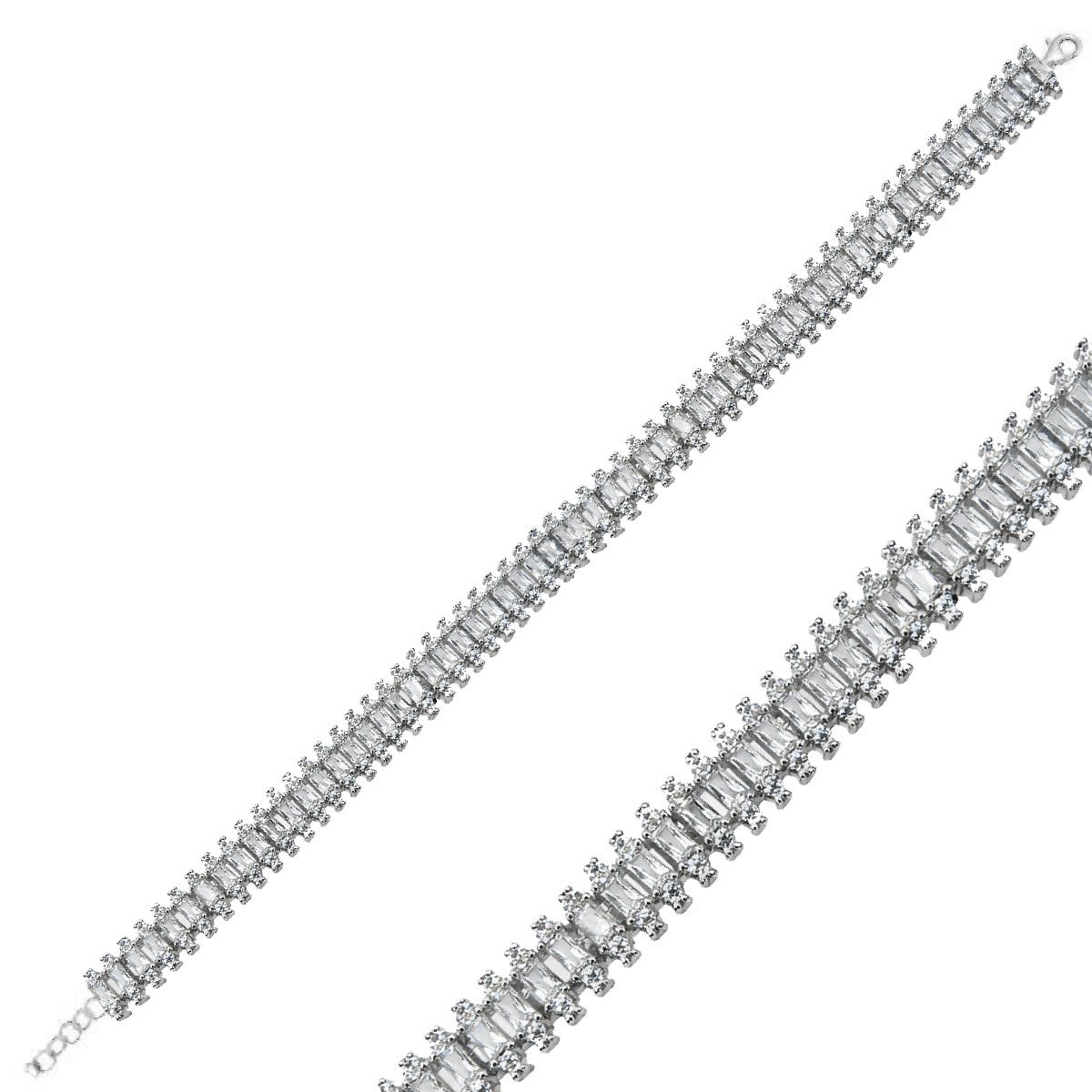 14 K Rodyum Kaplama 925 Ayar Gümüş Baget Taş Tasarımlı Suyolu Bileklilk 18+3 cm