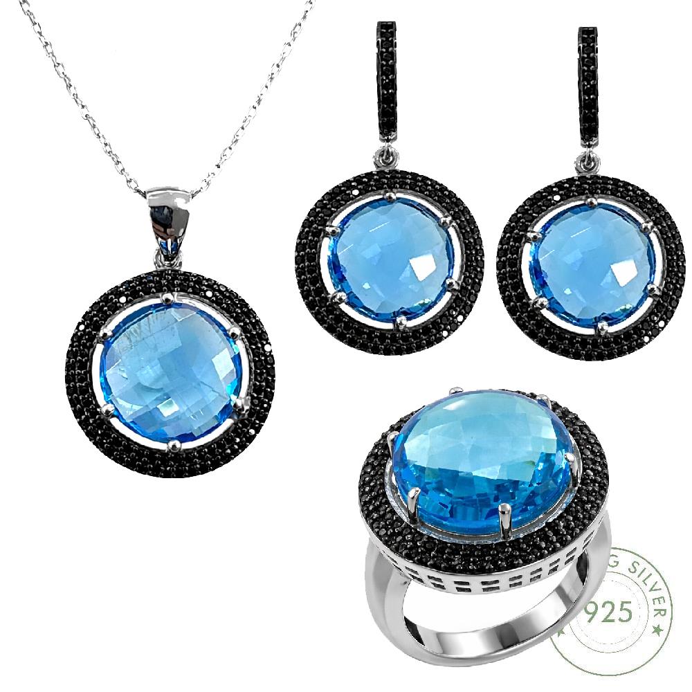 Kadın Gümüş 925 Ayar Akuamarine Taşlı Set 18 Numara Yüzük