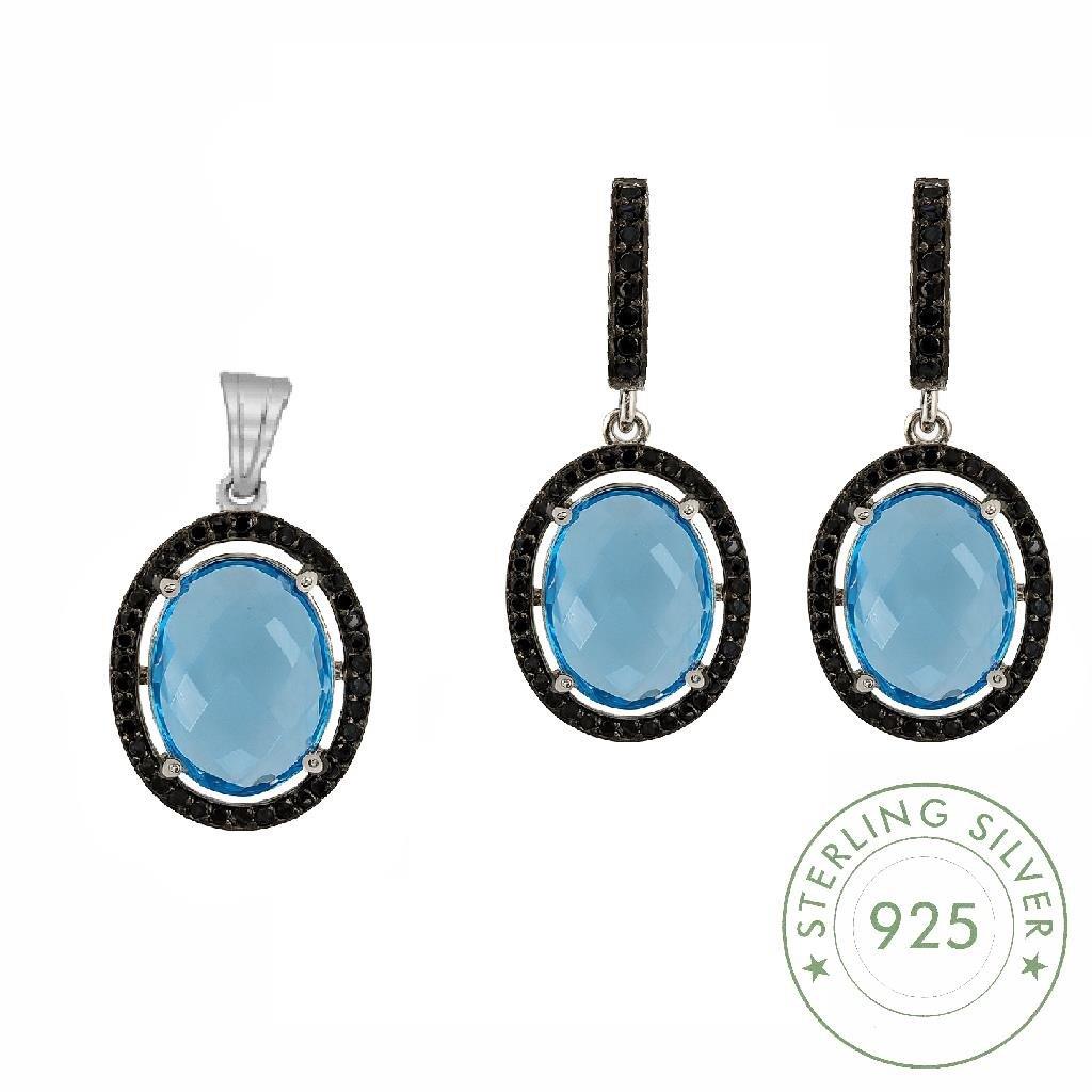 Kadın Gümüş 925 Ayar Aquamarine Faset Kesim Taşlı Oval Küpe ve Kolye