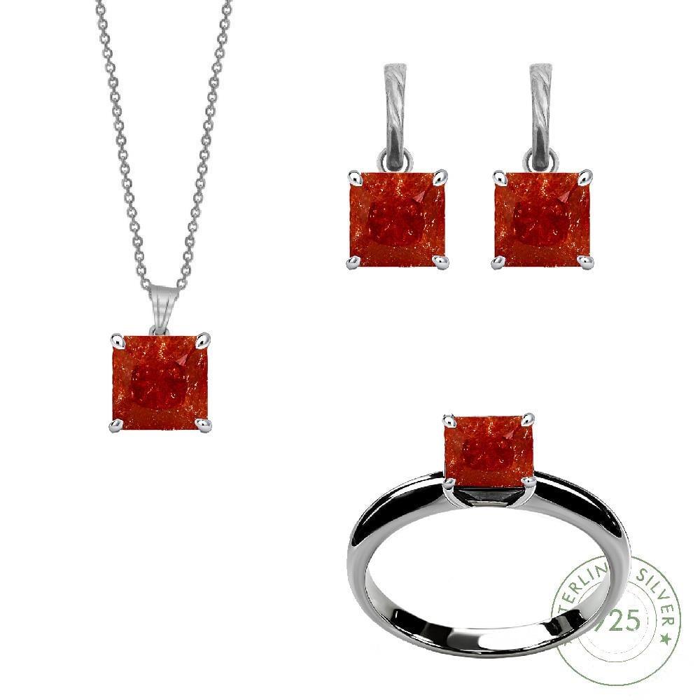 Kadın Gümüş 925 Ayar Kırmızı Quartz Taşlı Set