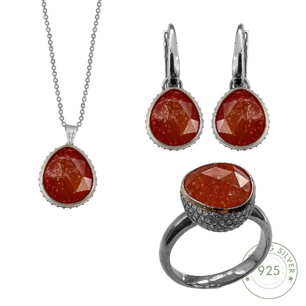 Kadın Gümüş 925 Ayar Kırmızı Quartz Taşlı Set 13 Numara