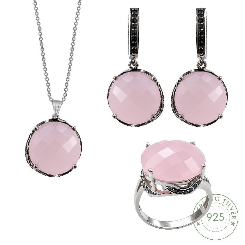 Kadın Gümüş 925 Ayar Pembe Quartz Faset Kesim Taşlı Set 20 Numara