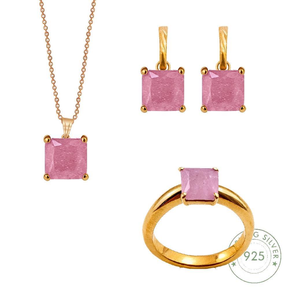 Kadın Gümüş 925 Ayar Pembe Quartz Taşlı Set 16 Numara