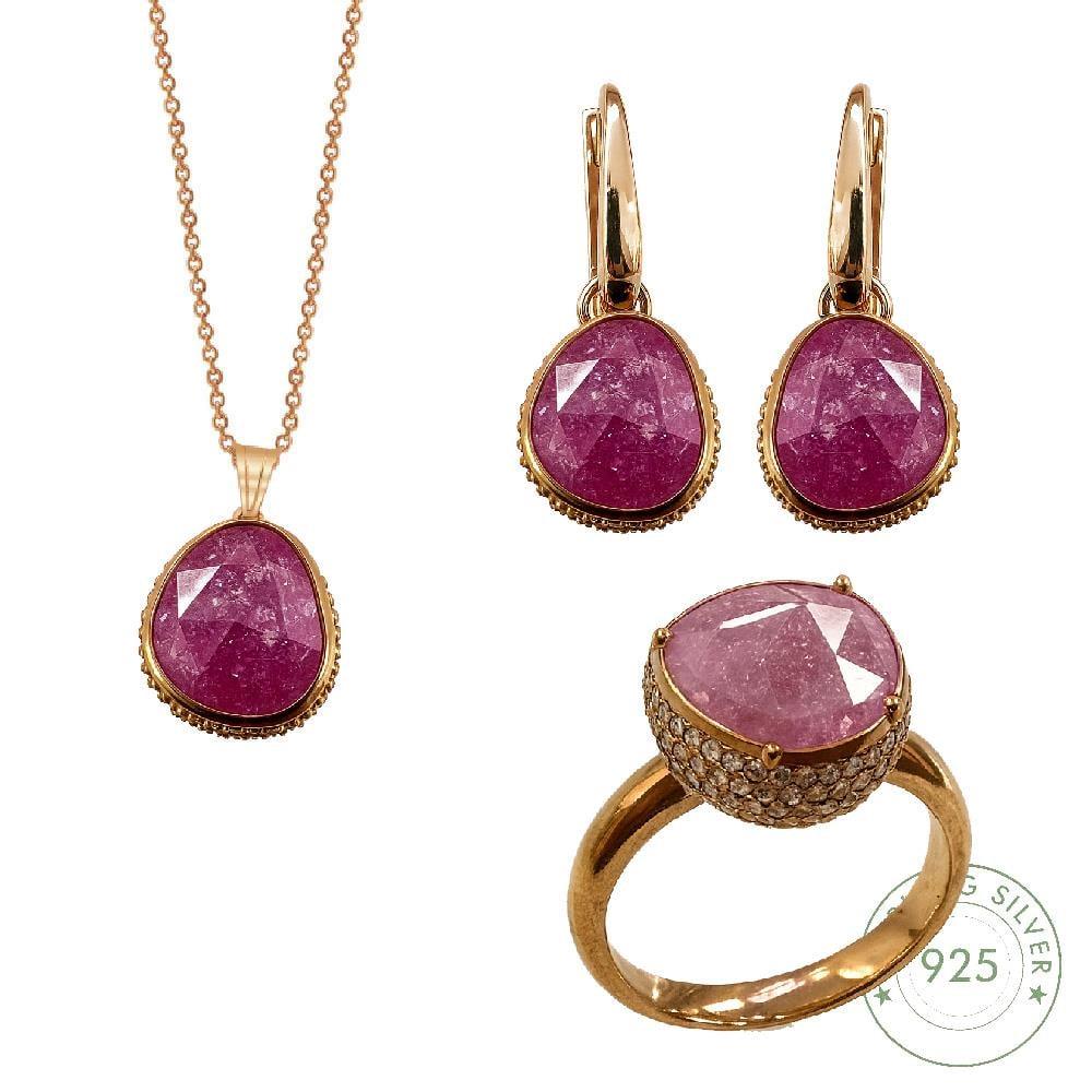 Kadın Gümüş 925 Ayar Pembe Quartz Taşlı Set 18 Numara