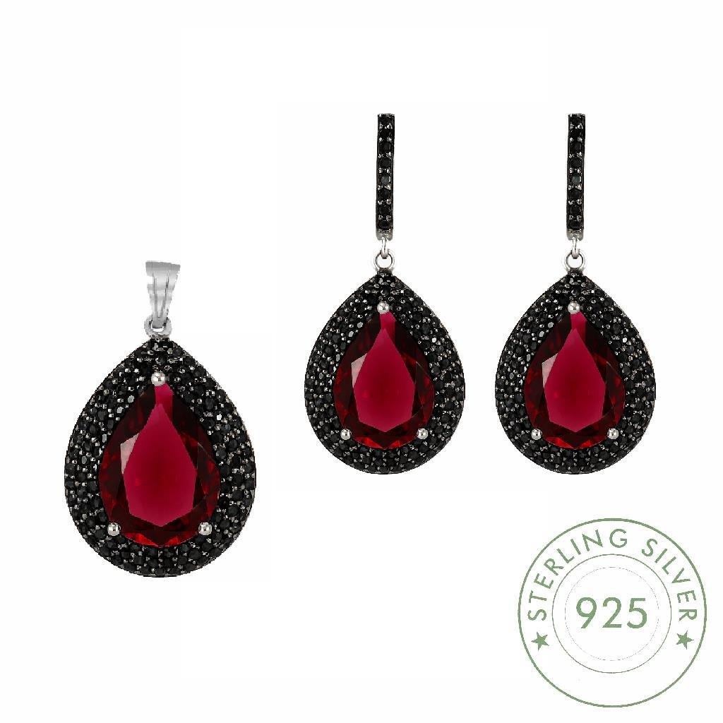 Kadın Gümüş 925 Ayar Ruby Faset Kesim Taşlı Damla Tasarımlı Küpe ve Kolye