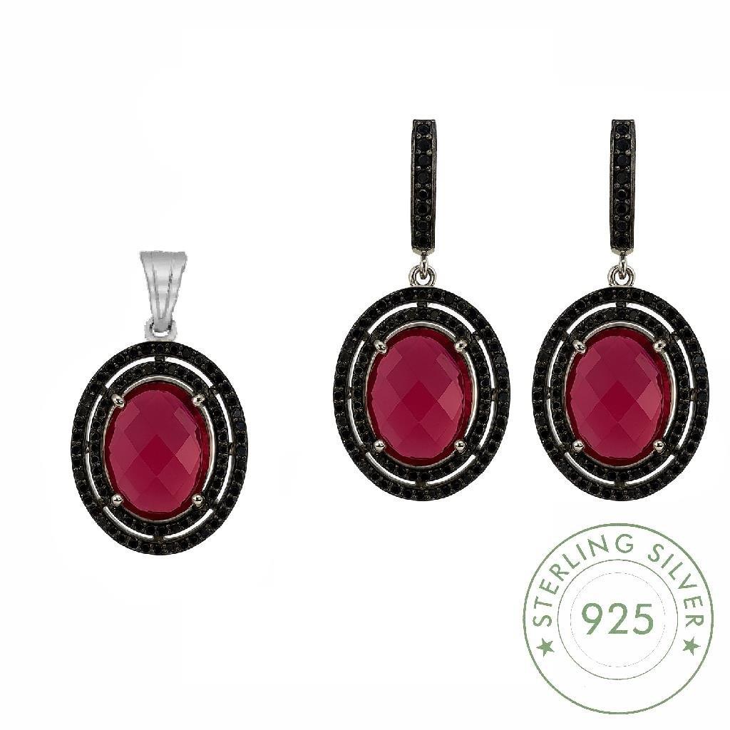 Kadın Gümüş 925 Ayar Ruby Faset Kesim Taşlı Oval Küpe ve Kolye