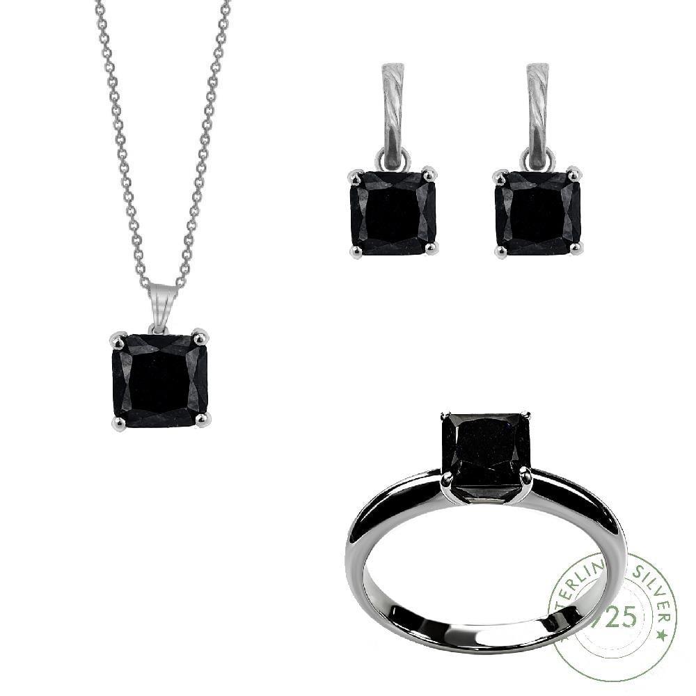 Kadın Gümüş 925 Ayar Siyah Quartz Taşlı Set