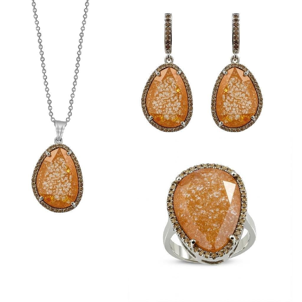 Kadın Gümüş 925 Ayar Turuncu İce Quartz Taşlı Set 16 Numara