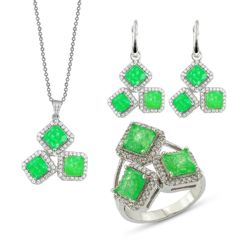 Kadın Gümüş 925 Ayar Yeşil İce Quartz Taşlı Set 17 Numara