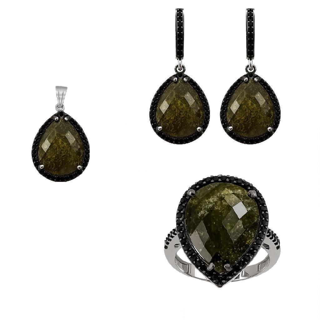 Kadın Gümüş 925 Ayar Yeşil İce Quartz Taşlı Set 18 Numara