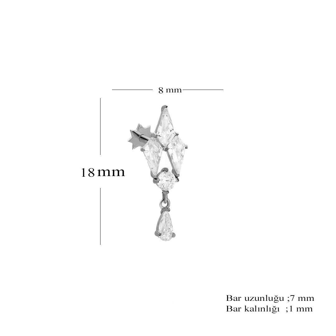 Unisex 925 Ayar Gümüş Tabut Taş Tasarımlı Damla Taş Sallantılı Tragus