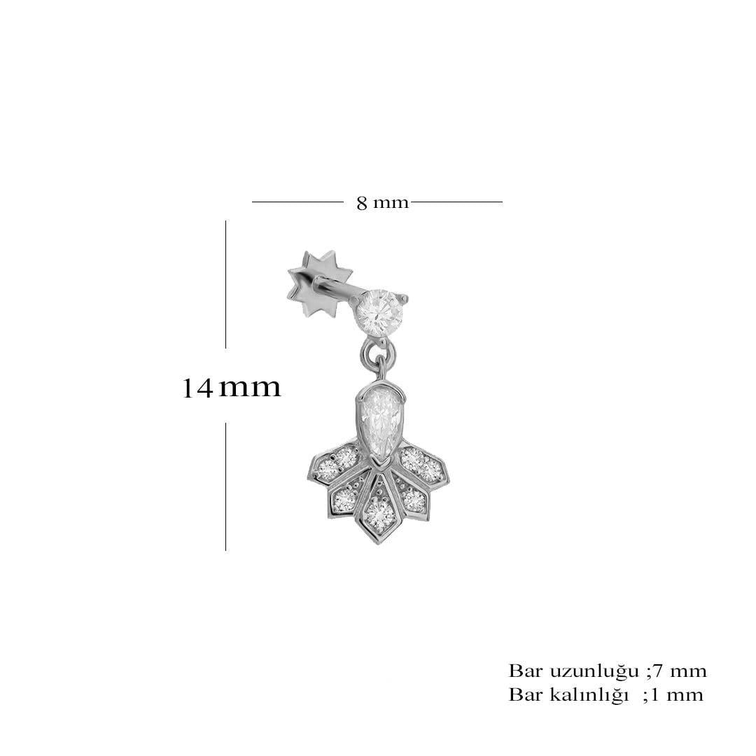 Unisex 925 Ayar Gümüş Tek Taş Tasarımlı Yelpaze Sallantılı Tragus