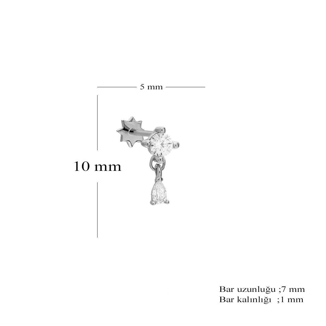 Unisex 925 Ayar Gümüş Tek Taş Tasarımlı Damla Sallantılı Tragus