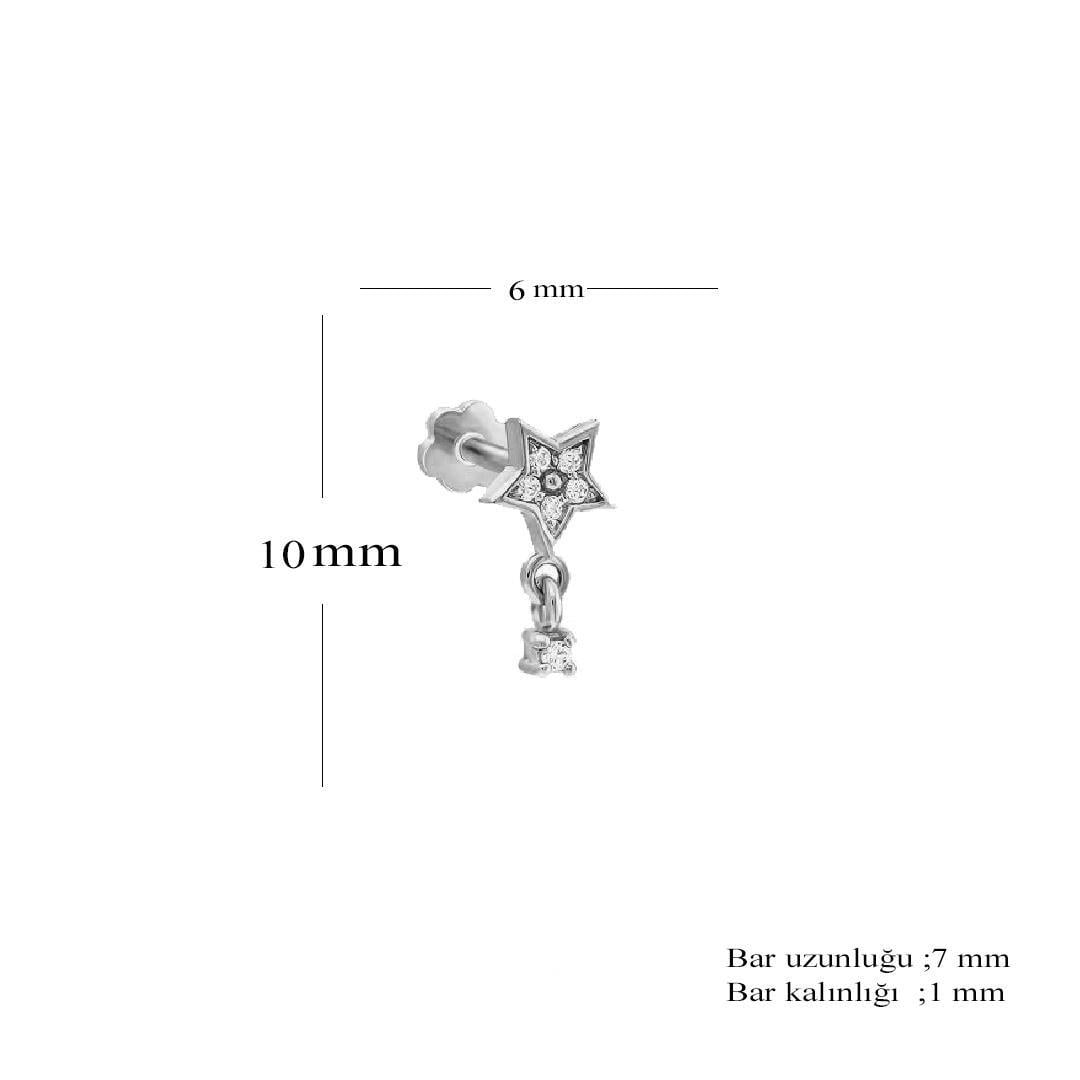 Unisex 925 Ayar Gümüş Yıldız Tasarımlı Tek Taş Sallantılı Tragus