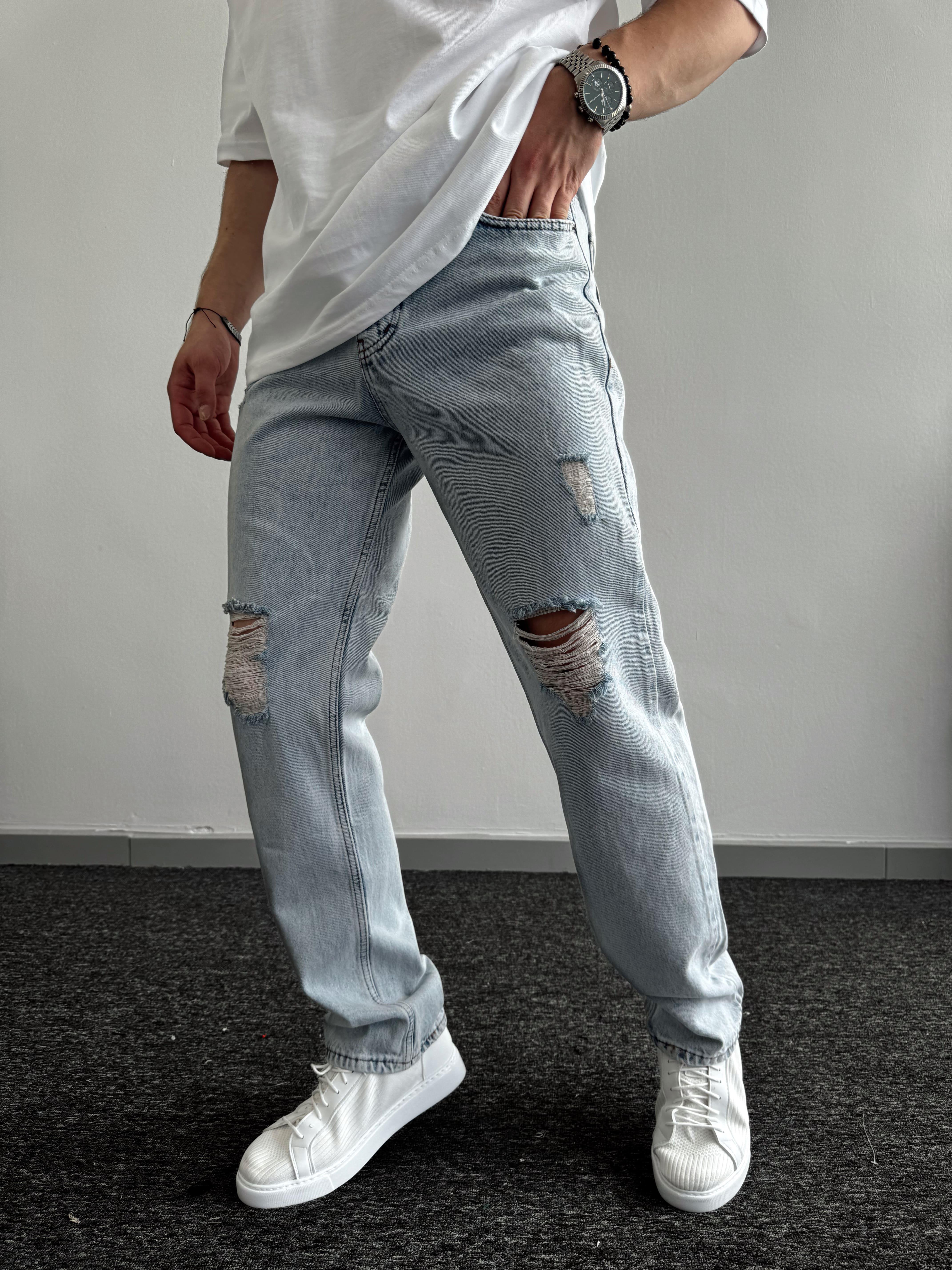Erkek Baggy Rahat Kalıp Kot Pantolon Jean-Yırtık(E1005)Ketench