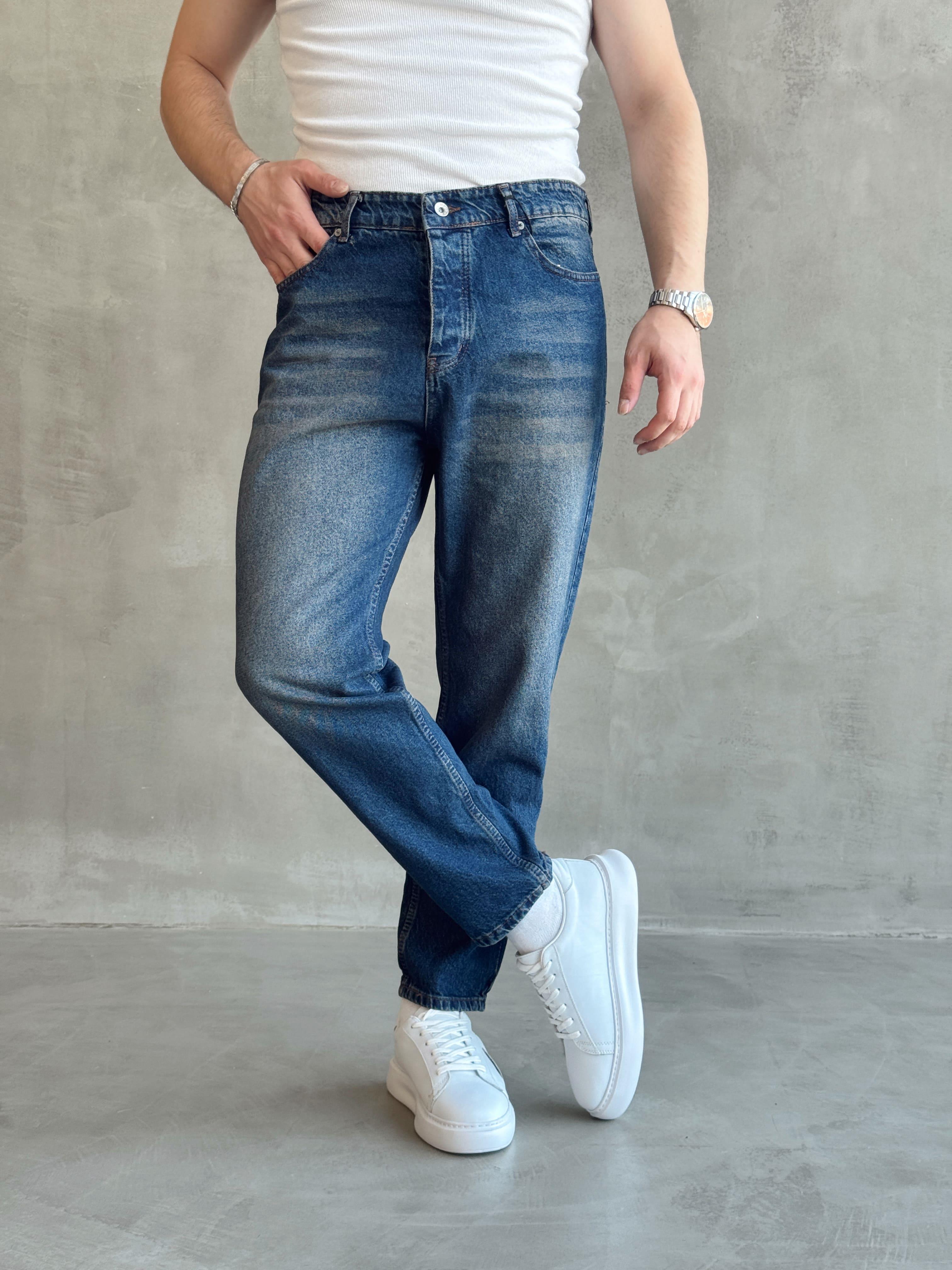 Erkek Boyfrend Rahat Regular Jeans-Stone Blue(E1002) TD:605-1