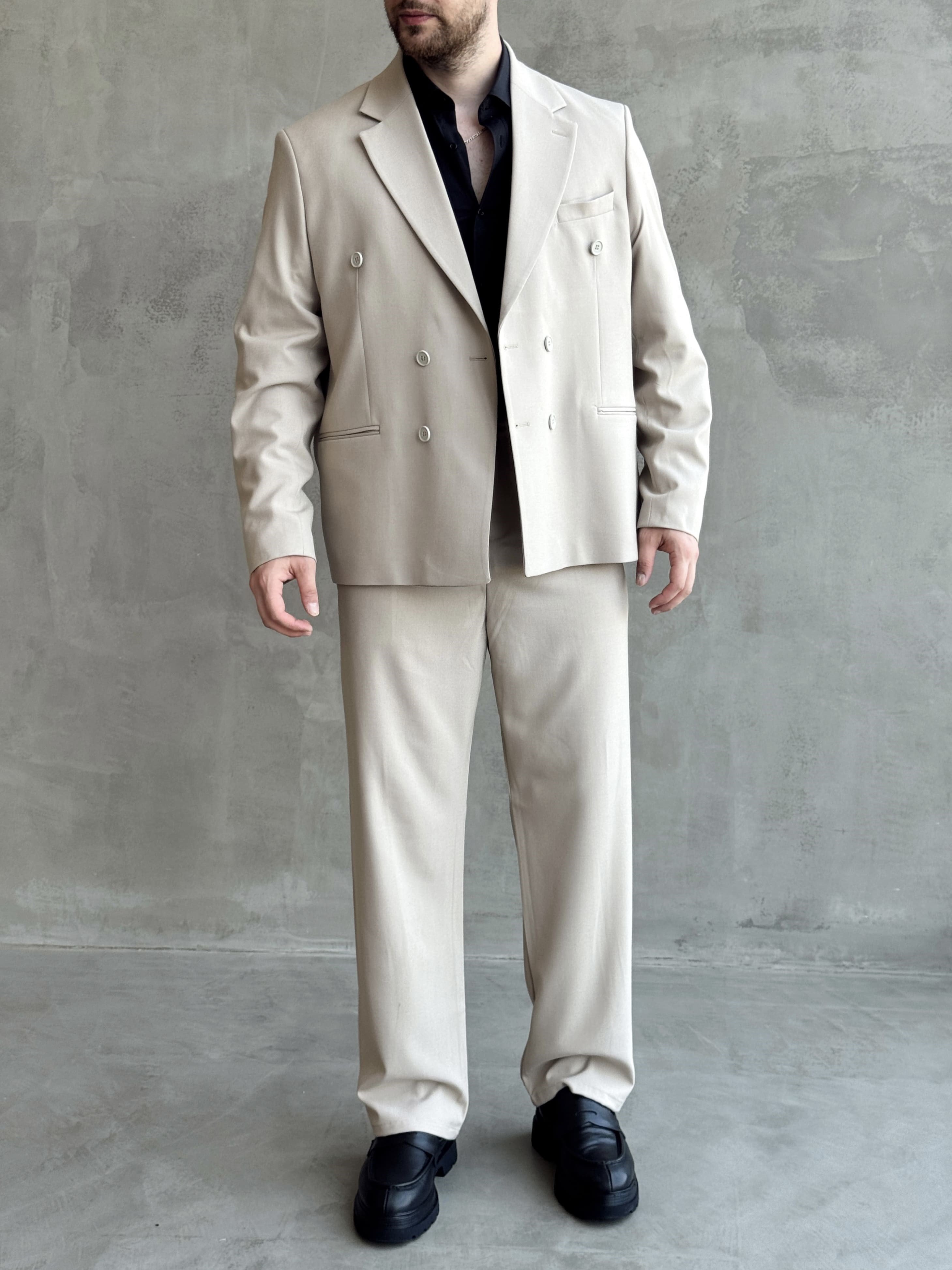 Erkek Business Collection Oversize Kalıp Kruvaze Model Takım Elbise-Bej(E1776)