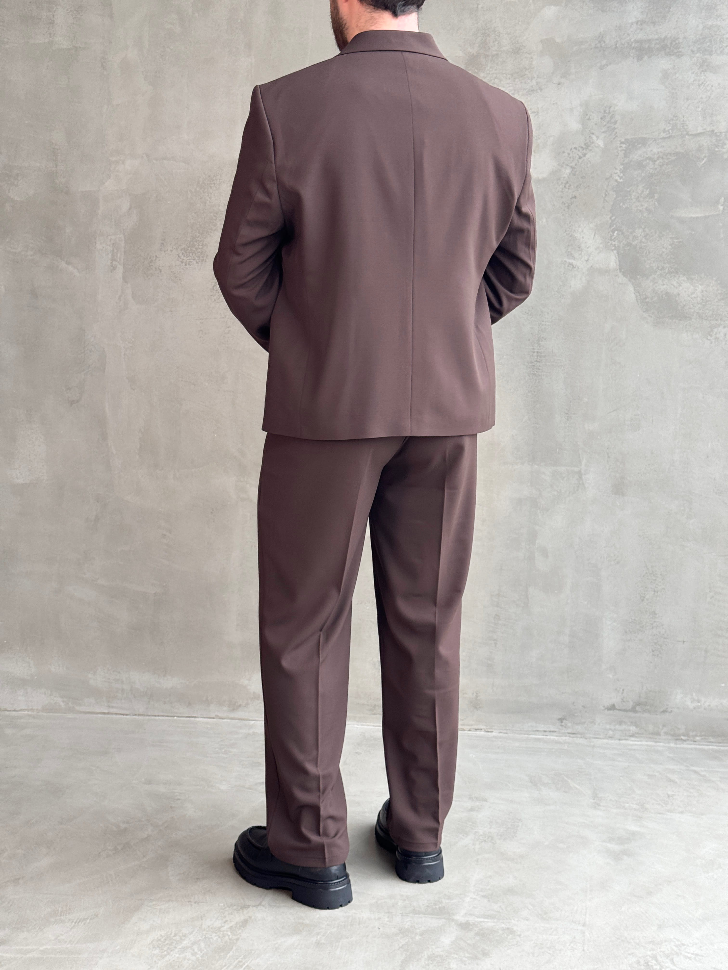Erkek Business Collection Oversize Kalıp Düğme Detaylı Kruvaze Model Takım Elbise-Kahverengi(E1897)