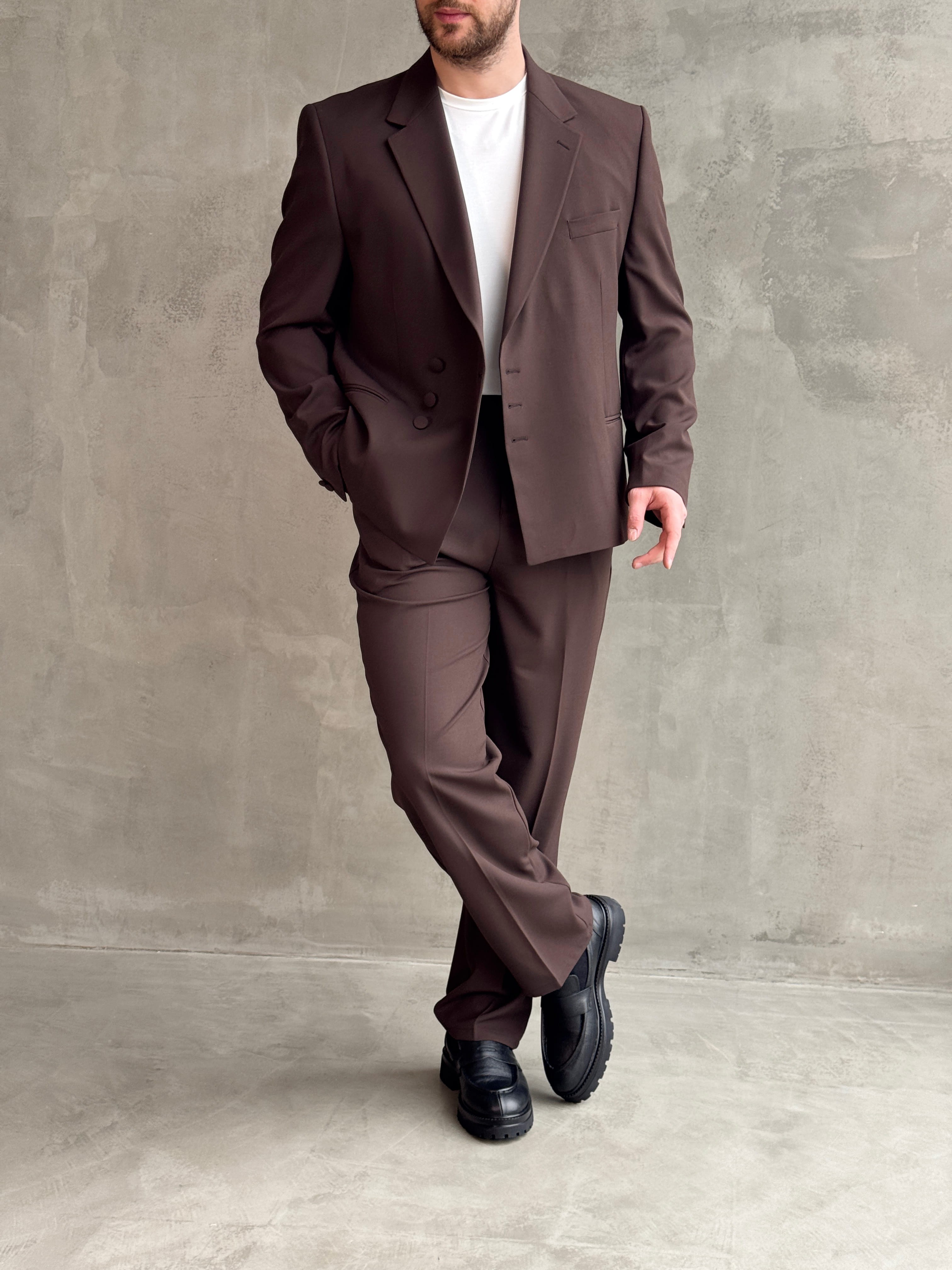 Erkek Business Collection Oversize Kalıp Düğme Detaylı Kruvaze Model Takım Elbise-Kahverengi(E1897)