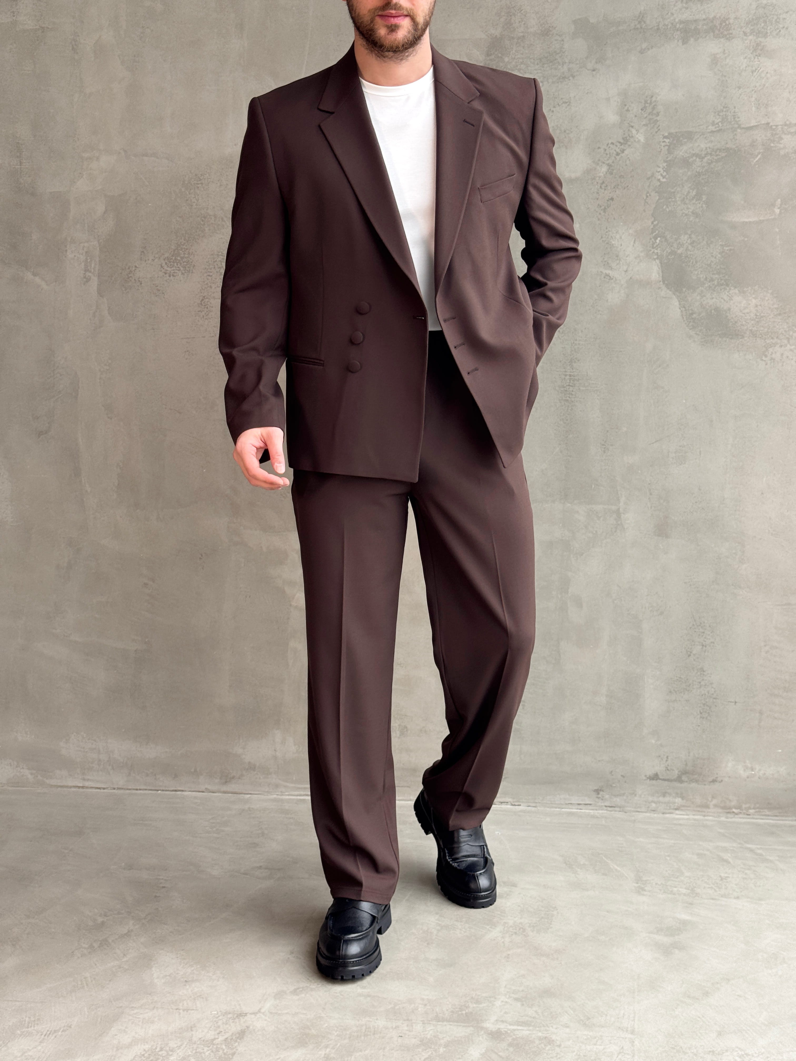 Erkek Business Collection Oversize Kalıp Düğme Detaylı Kruvaze Model Takım Elbise-Kahverengi(E1897)