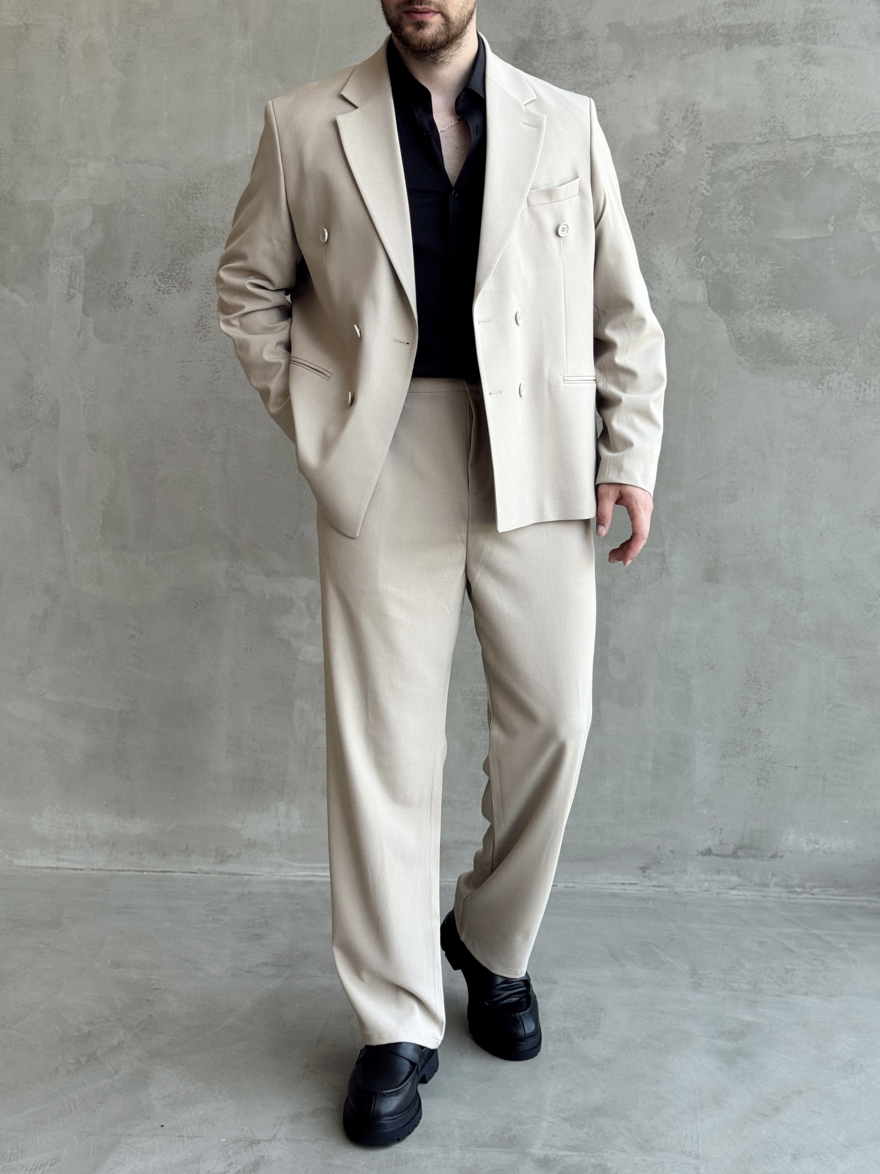 Erkek Business Collection Oversize Kalıp Kruvaze Model Takım Elbise-Bej(E1776)Ketench