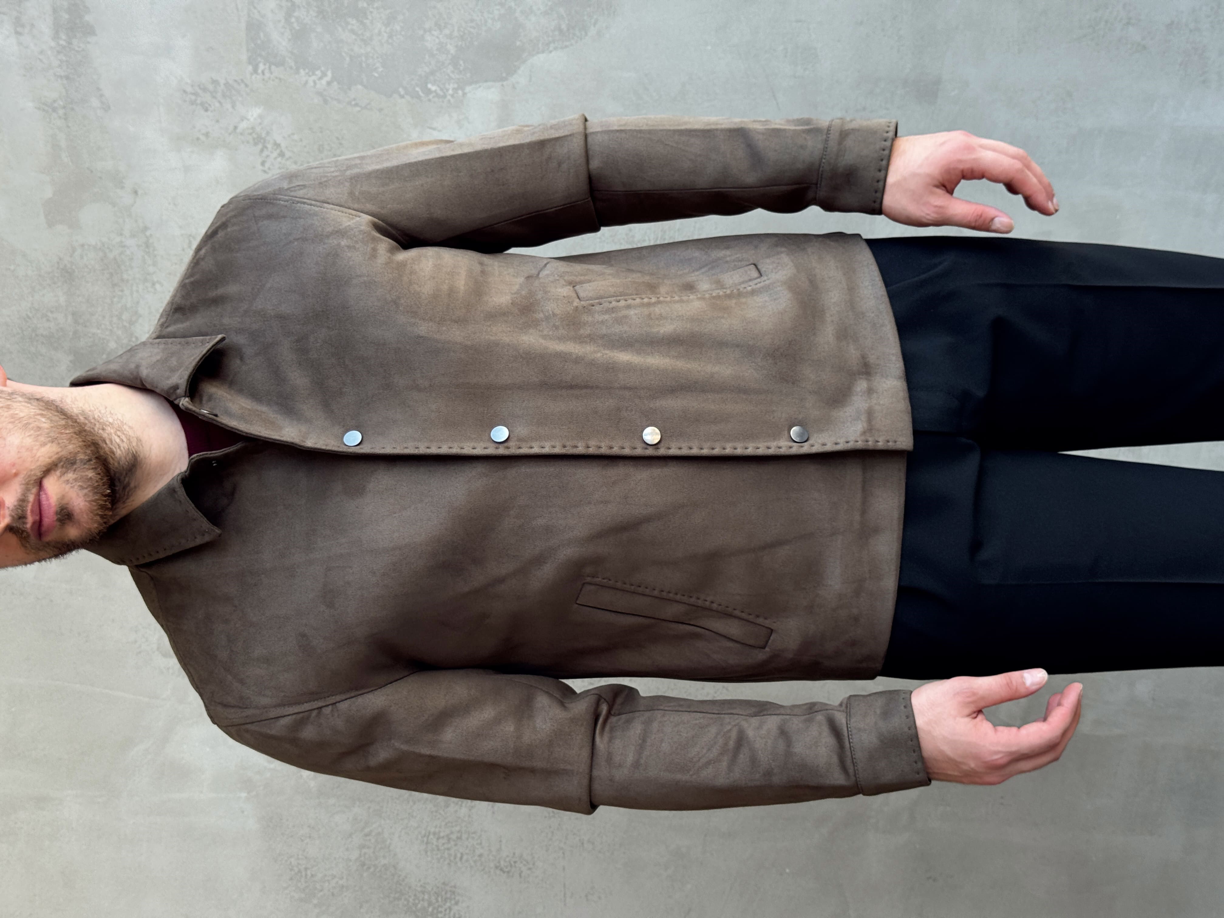 Erkek Business Collection Regular Fit Vintage Düğme Detaylı Süet Deri Ceket-Haki(E1815)