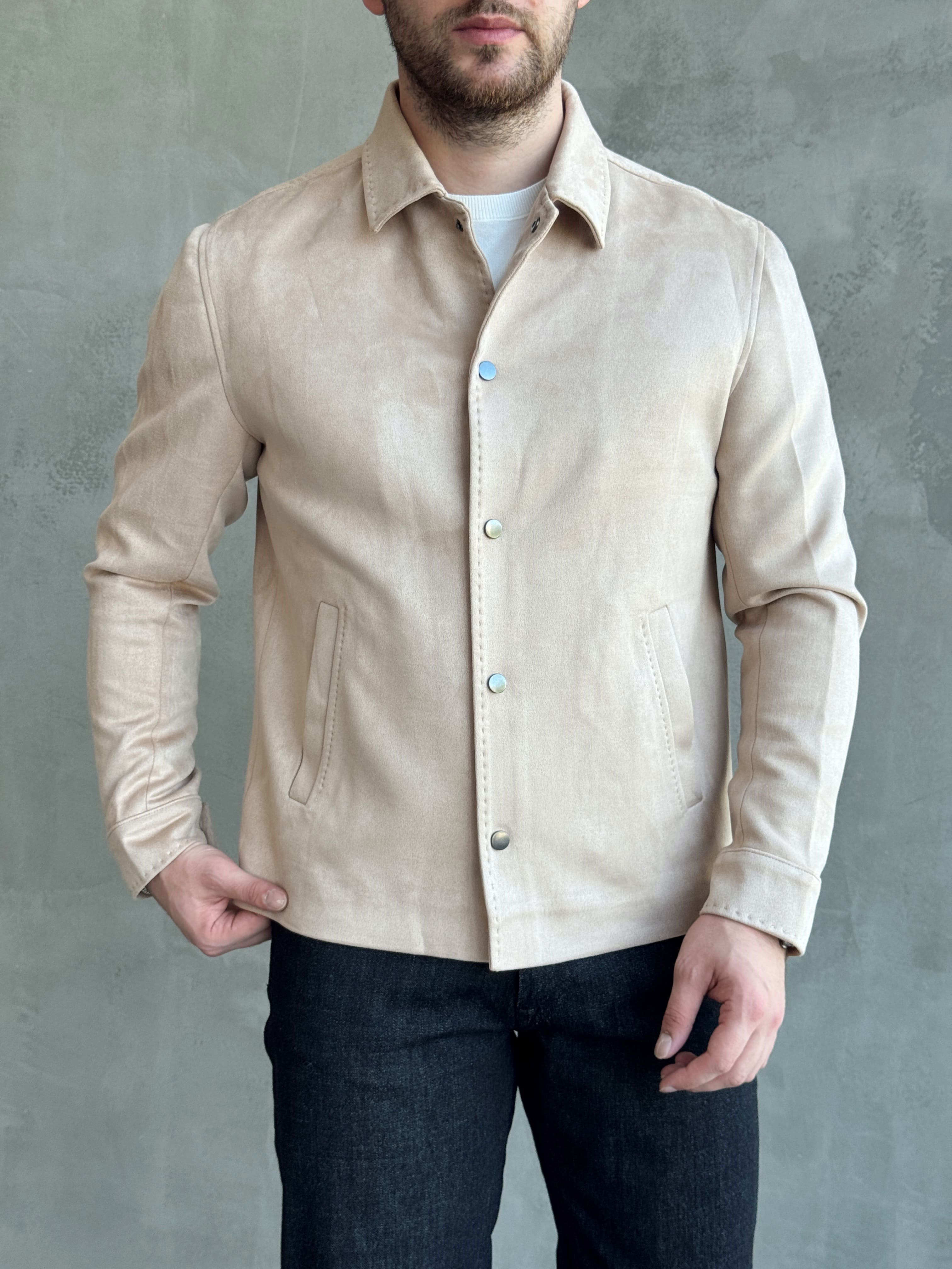 Erkek Business Collection Regular Fit Vintage Düğme Detaylı Süet Deri Ceket-Bej(E1815)