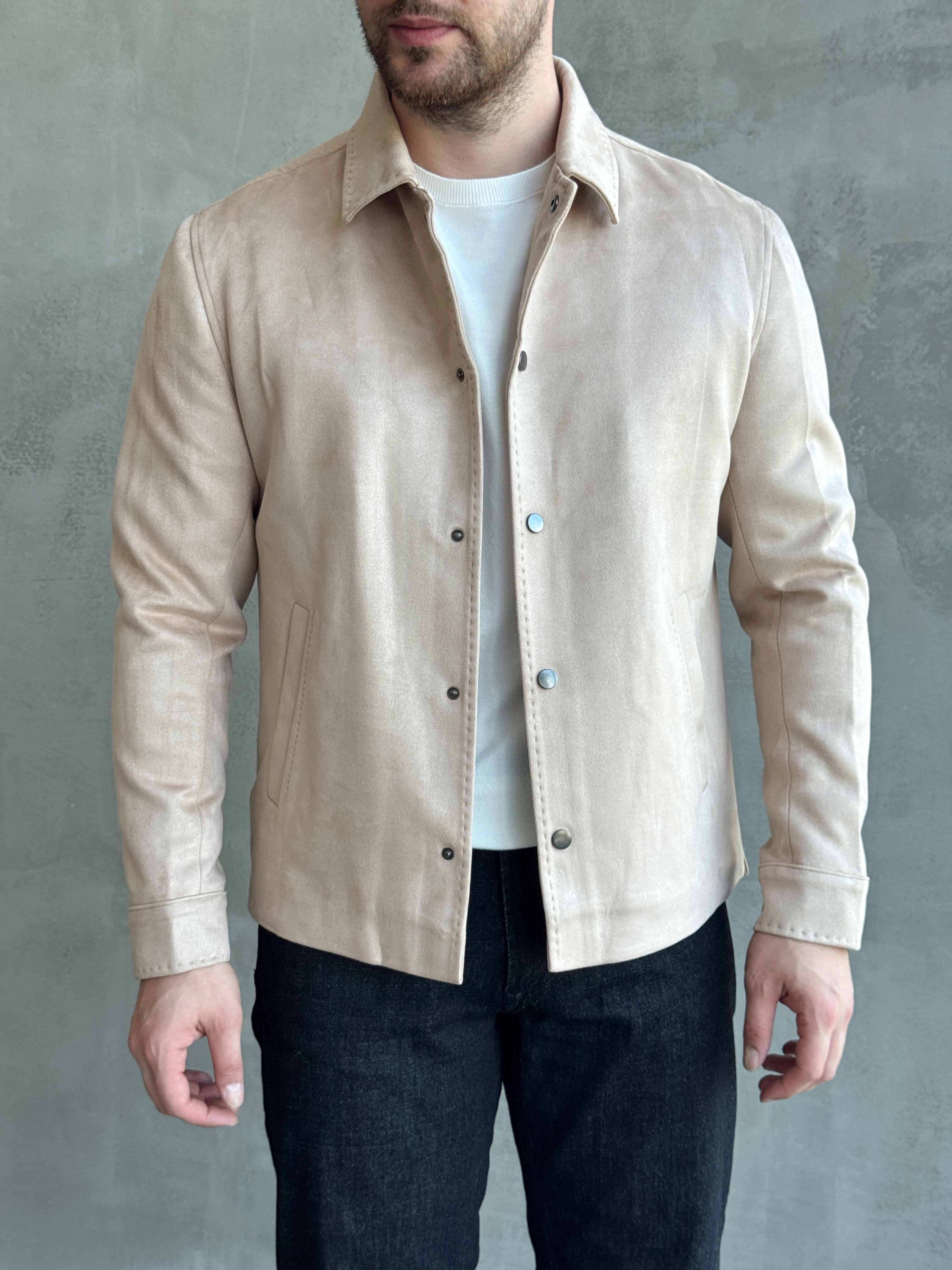 Erkek Business Collection Regular Fit Vintage Düğme Detaylı Süet Deri Ceket-Bej(E1815)