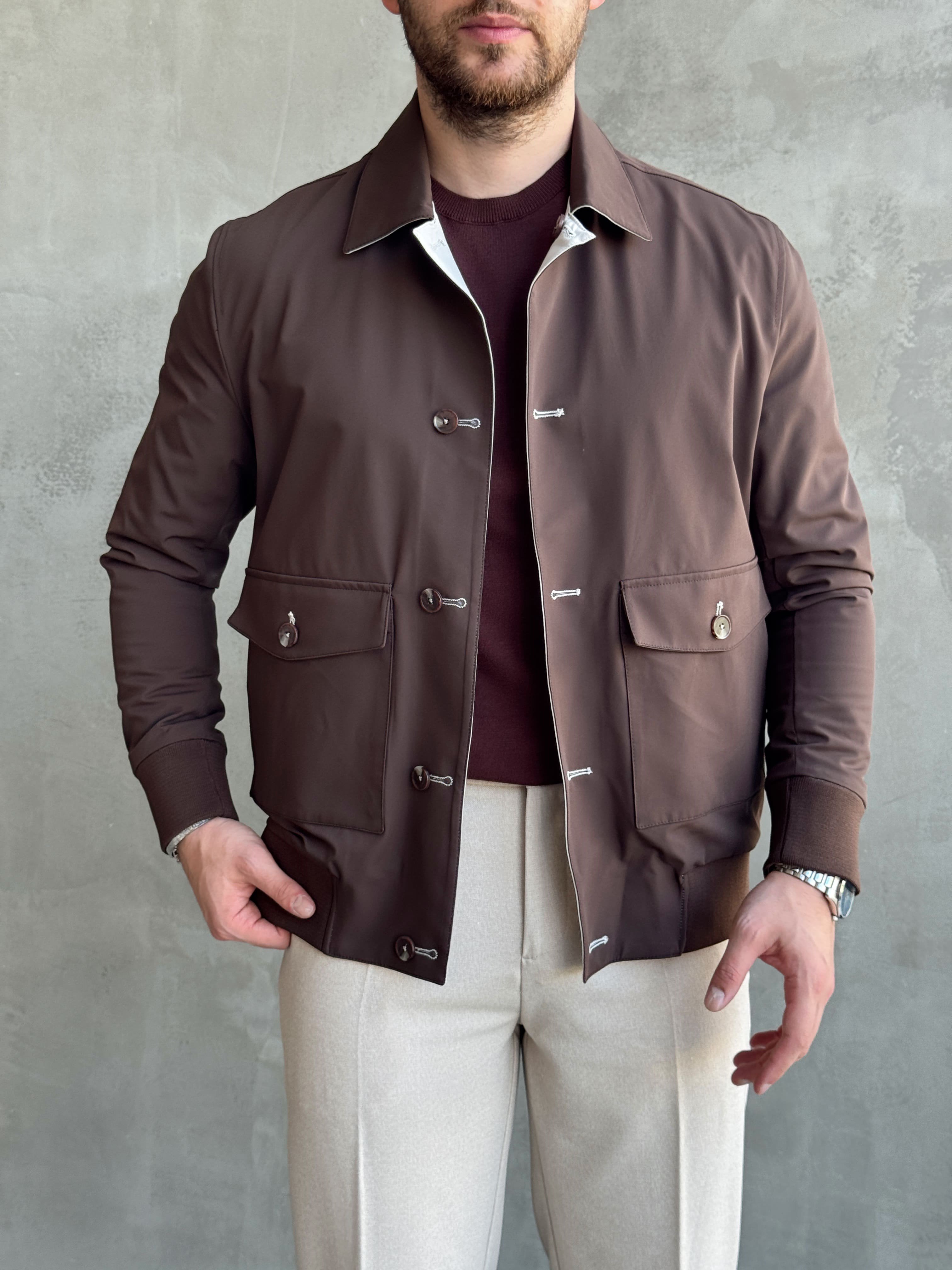 Erkek Business Collection Regular Fit Cep Detay Çift Taraflı Dokuma Ceket-Kahverengi/Bej(E1813)
