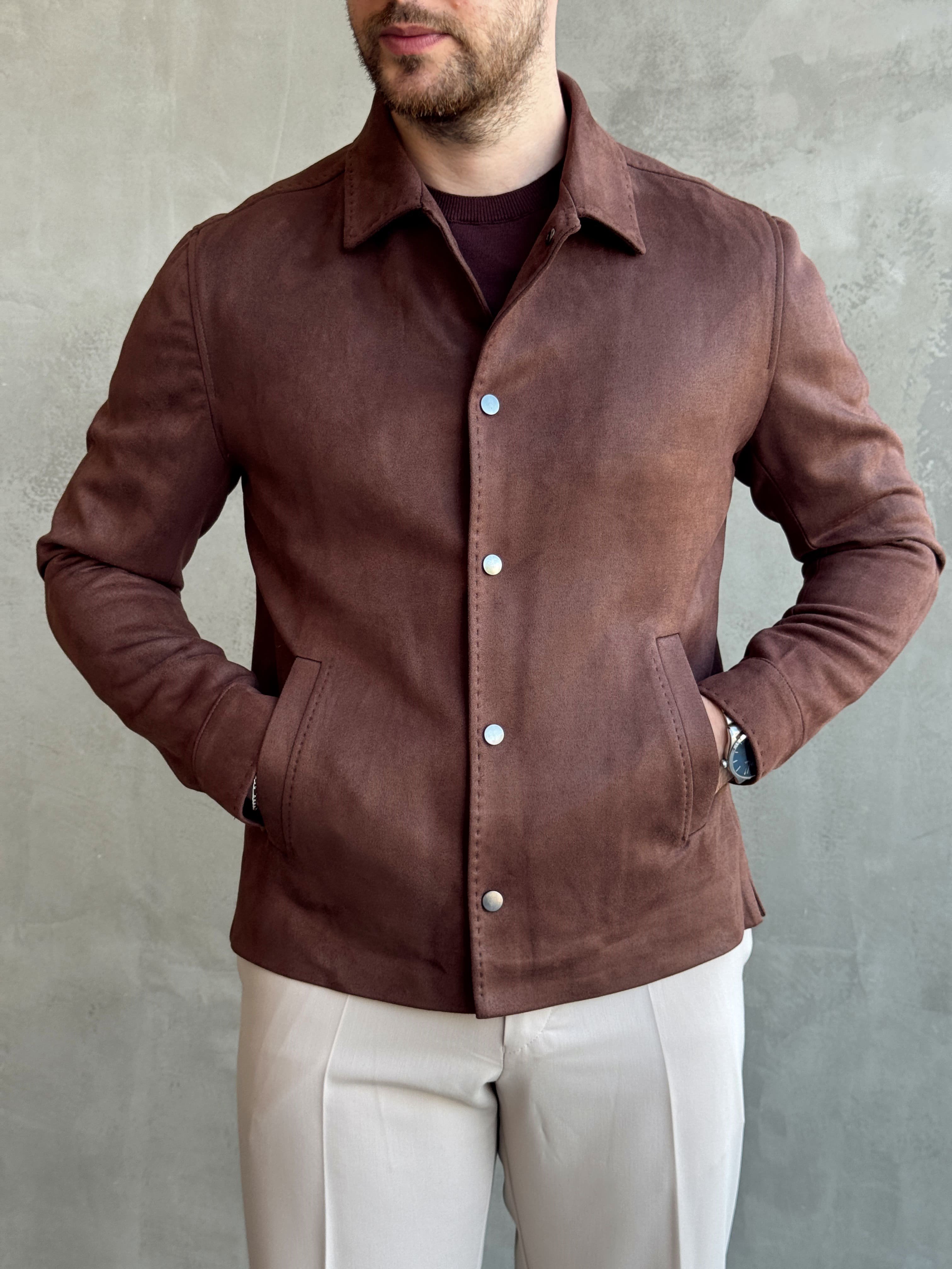 Erkek Business Collection Regular Fit Vintage Düğme Detaylı Süet Deri Ceket-Kahverengi(E1815)