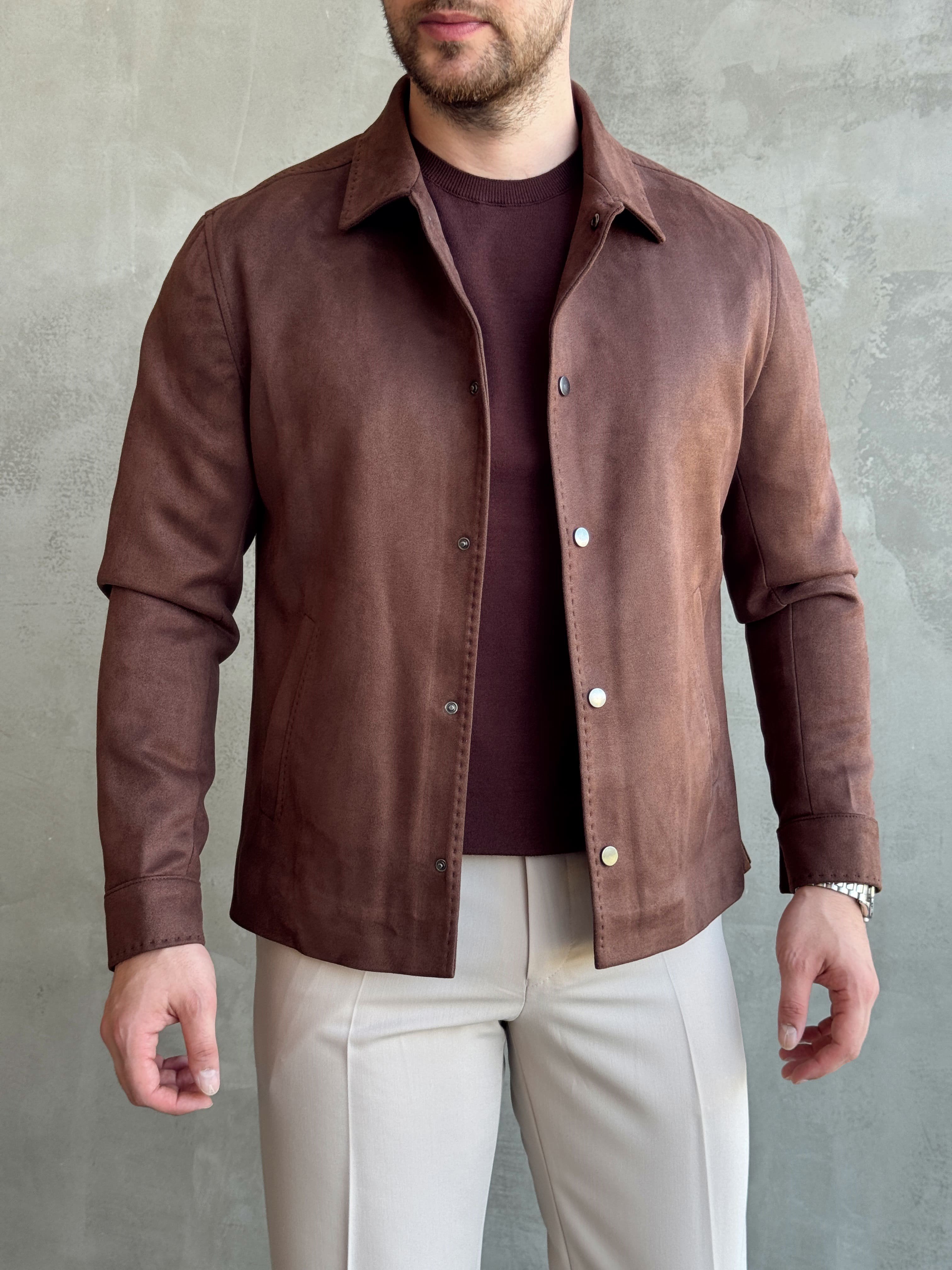 Erkek Business Collection Regular Fit Vintage Düğme Detaylı Süet Deri Ceket-Kahverengi(E1815)