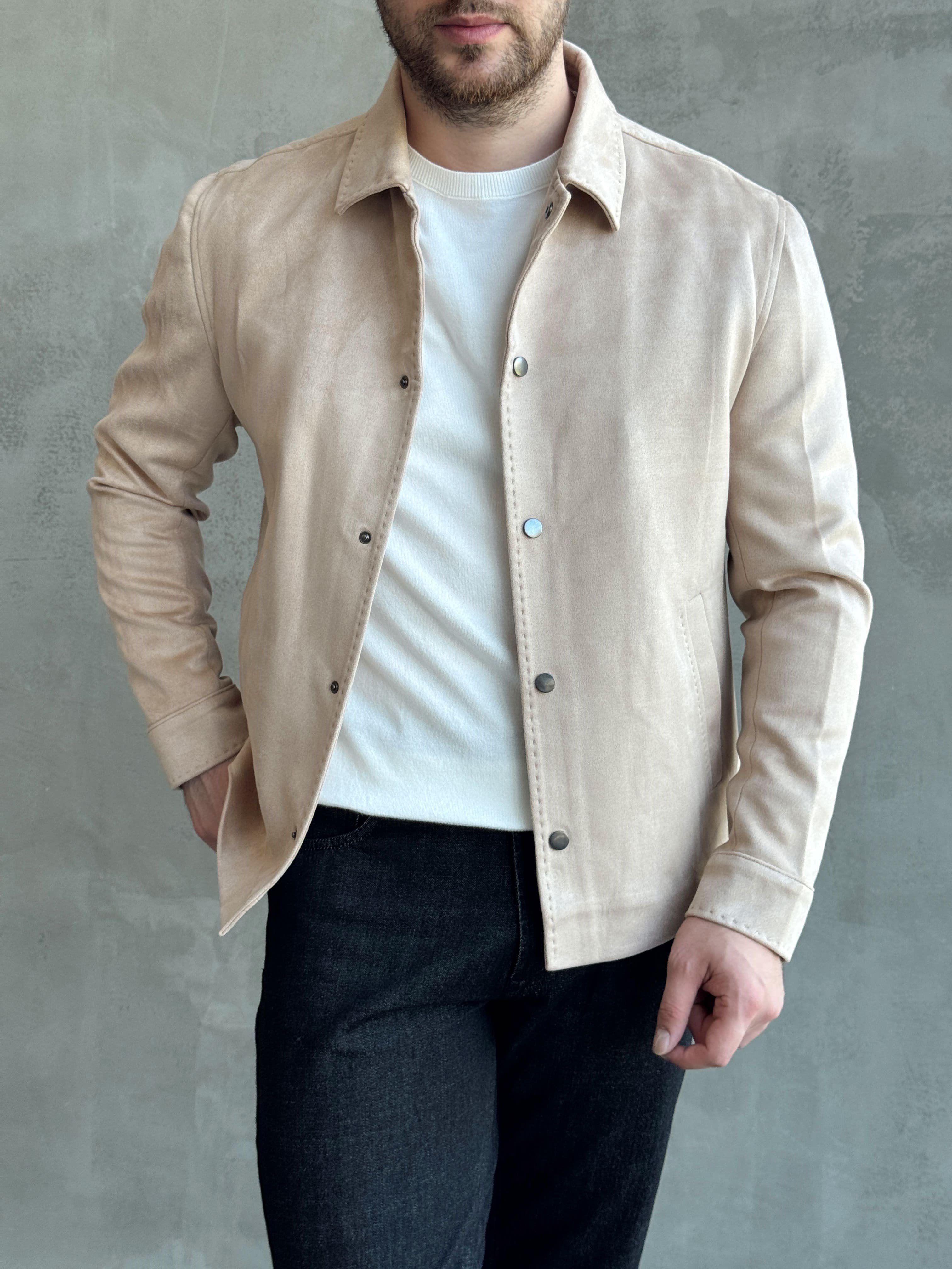 Erkek Business Collection Regular Fit Vintage Düğme Detaylı Süet Deri Ceket-Bej(E1815)