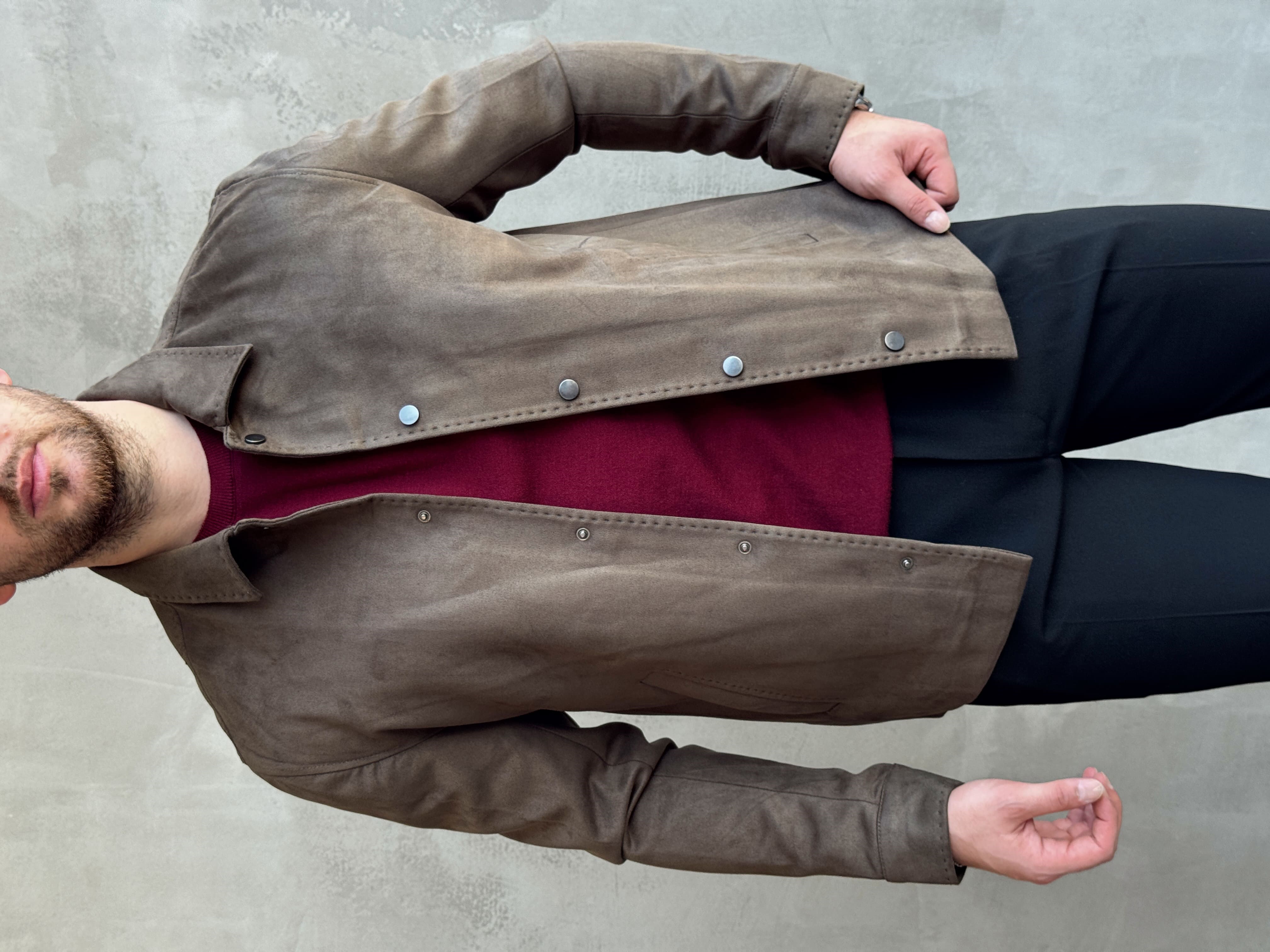 Erkek Business Collection Regular Fit Vintage Düğme Detaylı Süet Deri Ceket-Haki(E1815)