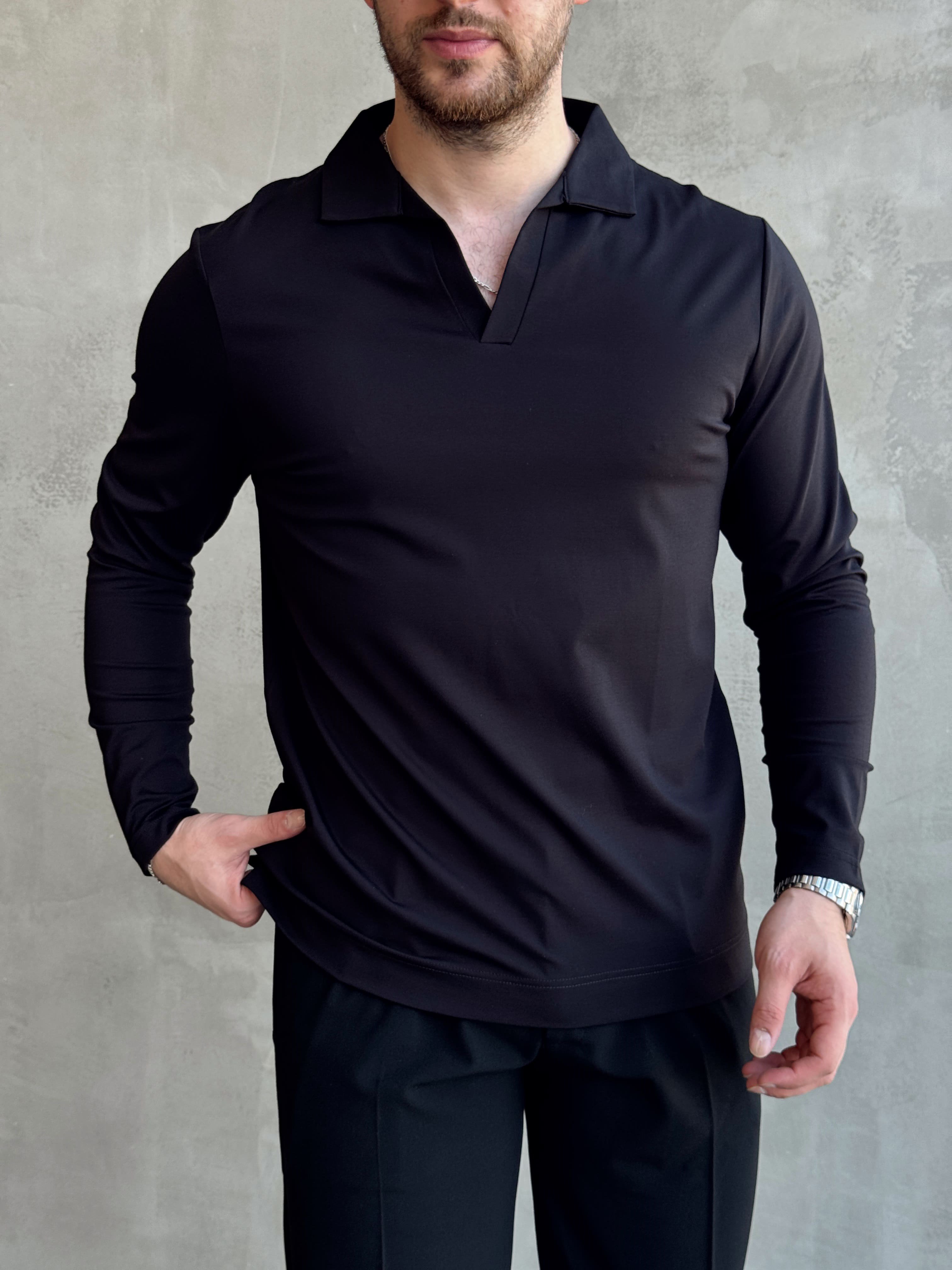 Erkek Business Collection Regular Fit Örme Kumaş Polo Yaka İnce Kazak-Siyah(E1814)