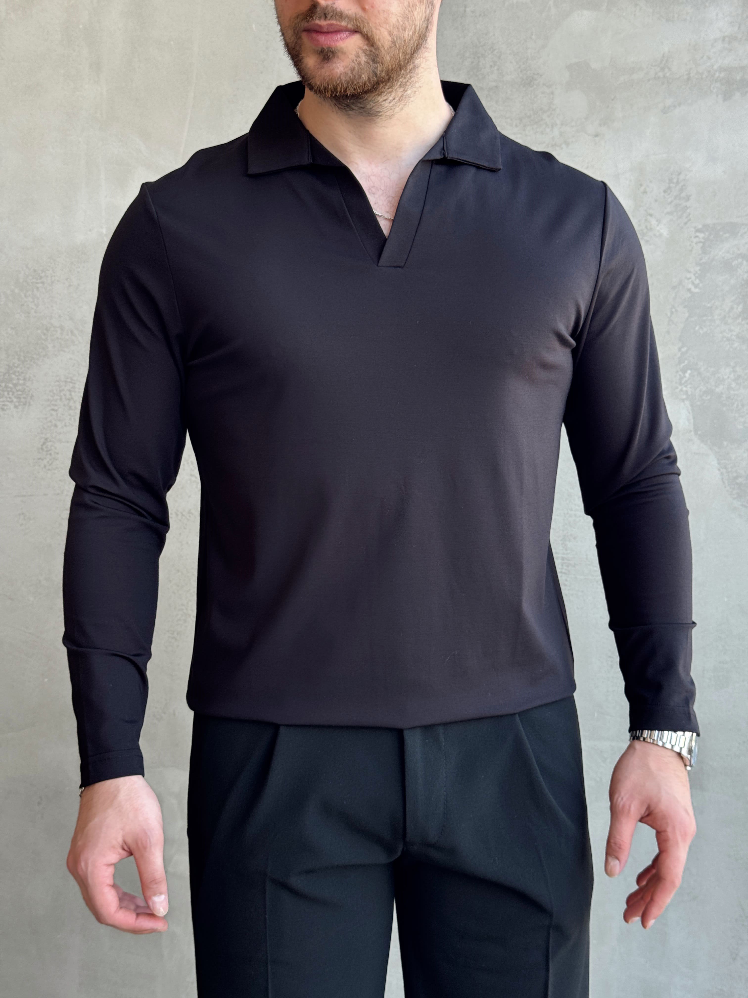 Erkek Business Collection Regular Fit Örme Kumaş Polo Yaka İnce Kazak-Siyah(E1814)
