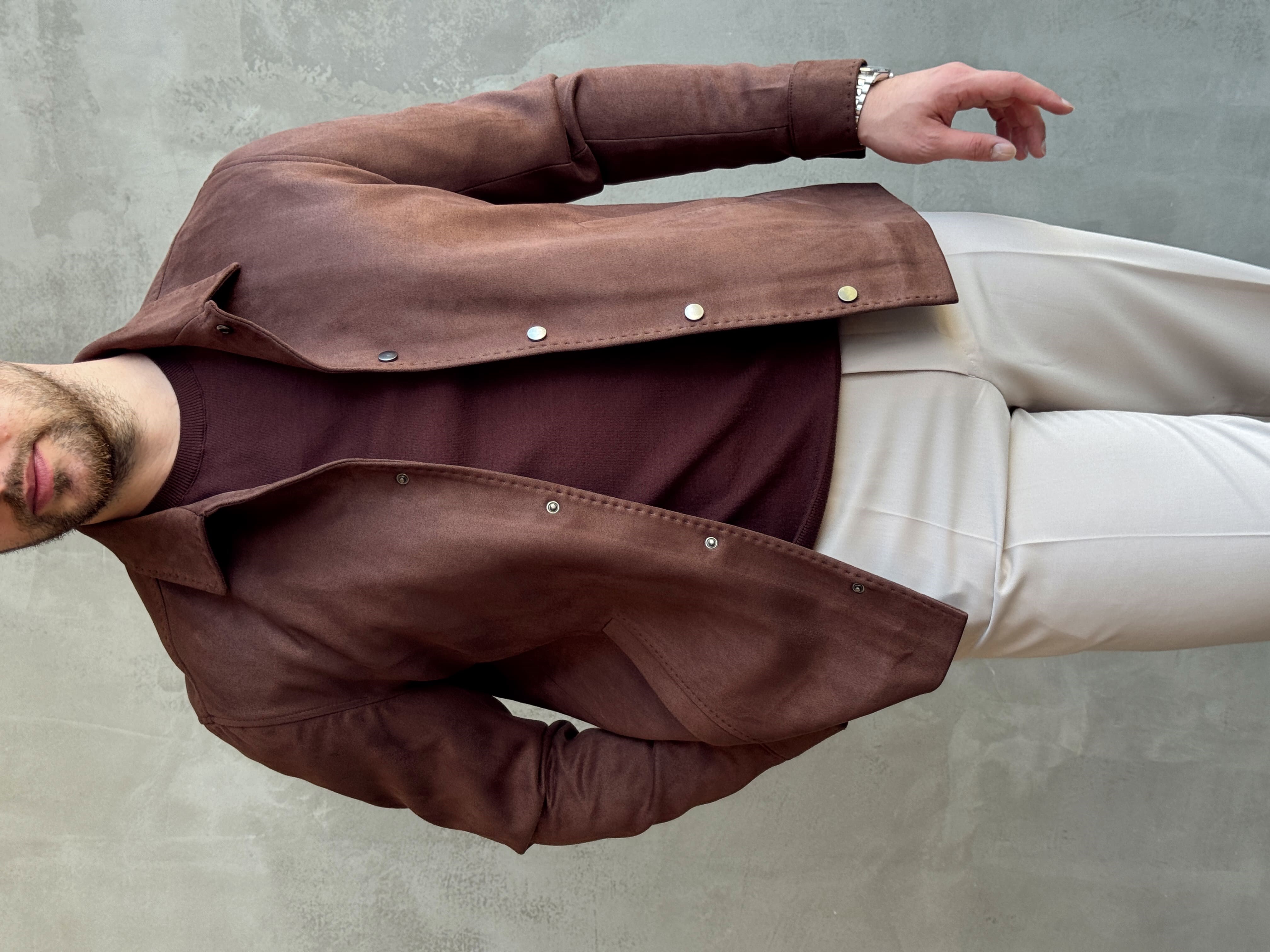 Erkek Business Collection Regular Fit Vintage Düğme Detaylı Süet Deri Ceket-Kahverengi(E1815)
