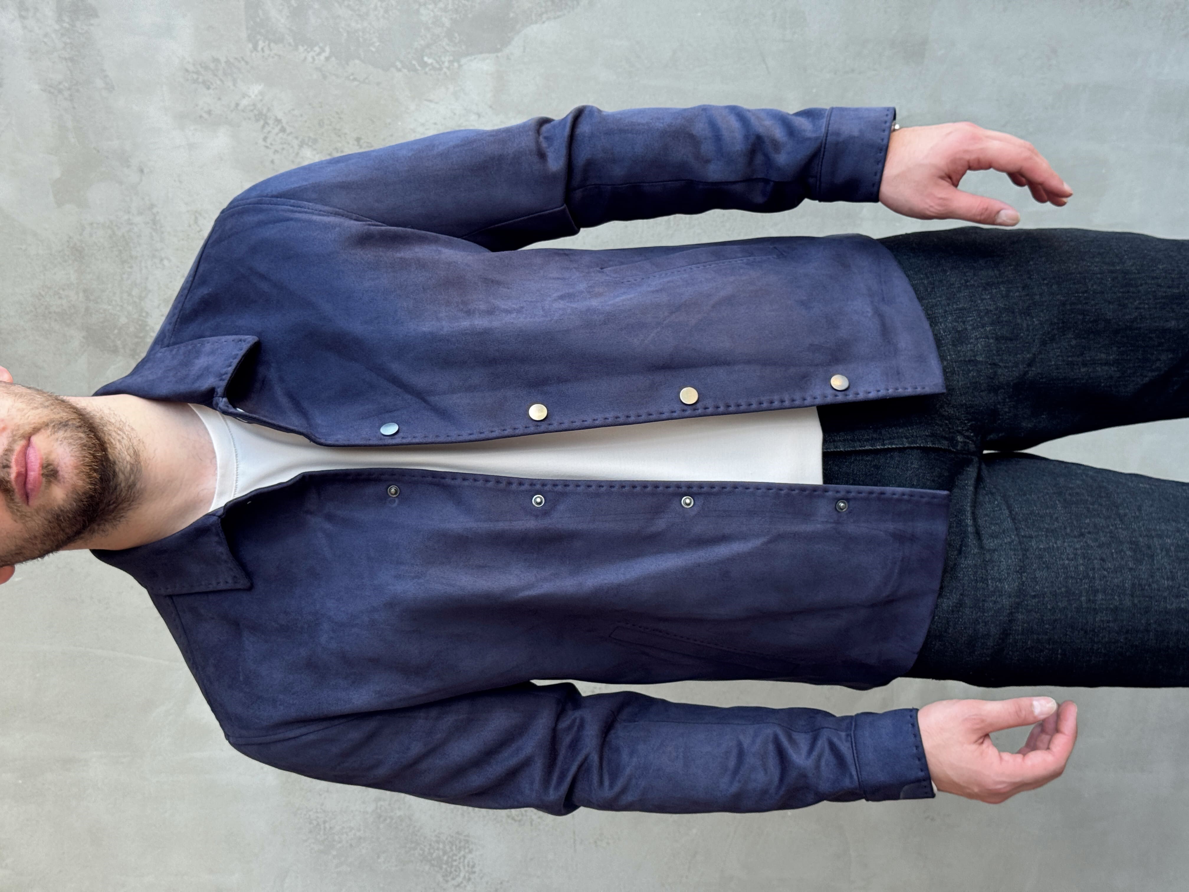 Erkek Business Collection Regular Fit Vintage Düğme Detaylı Süet Deri Ceket-Lacivert(E1815)